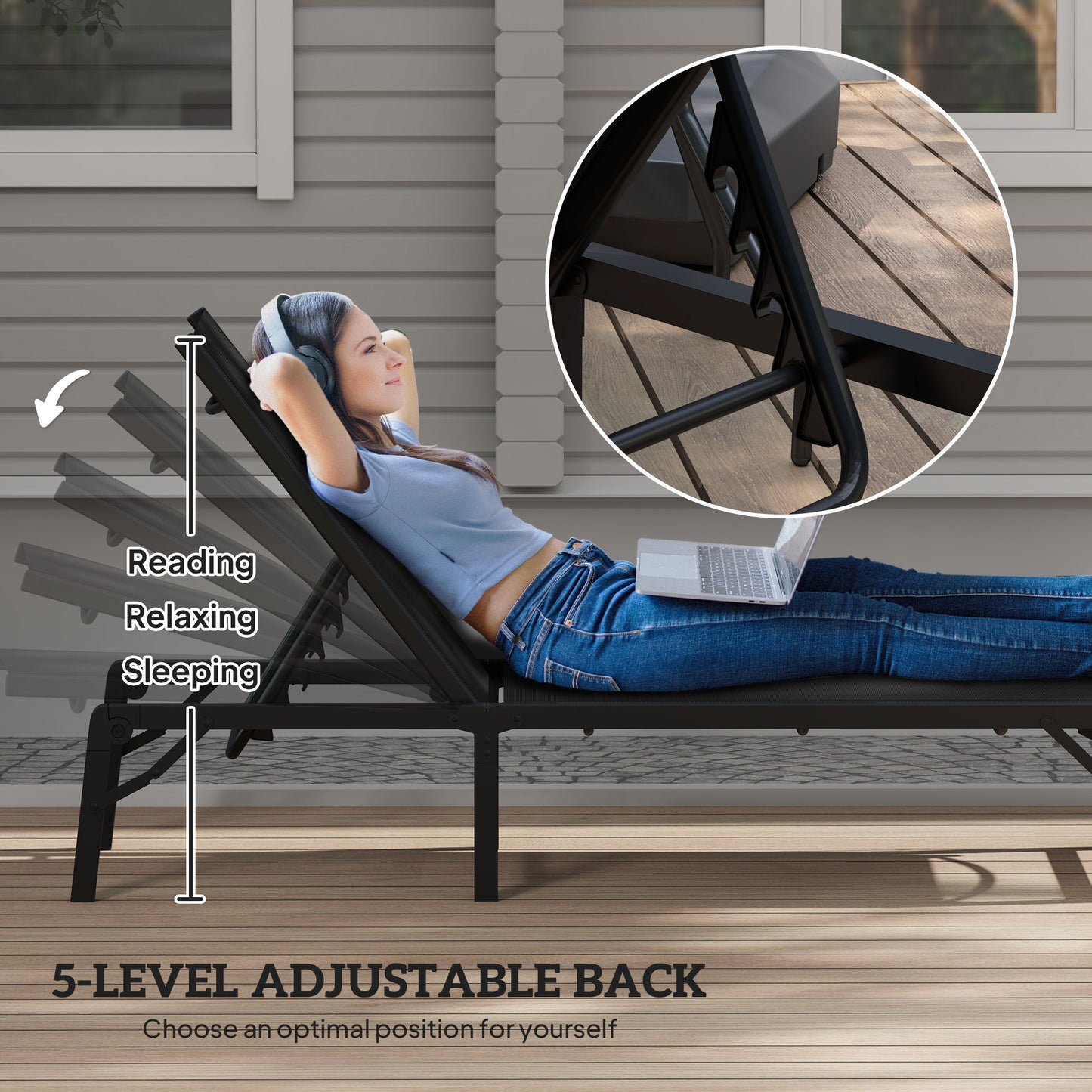 Outsunny Folding Sun Lounger Set of 2, 5-Position Adjustable Reclining Garden Loungers, Garden Chaise Lounge Sunbed Recliner Chairs with Steel Frame for Beach, Porch, Patio, Camping, Black