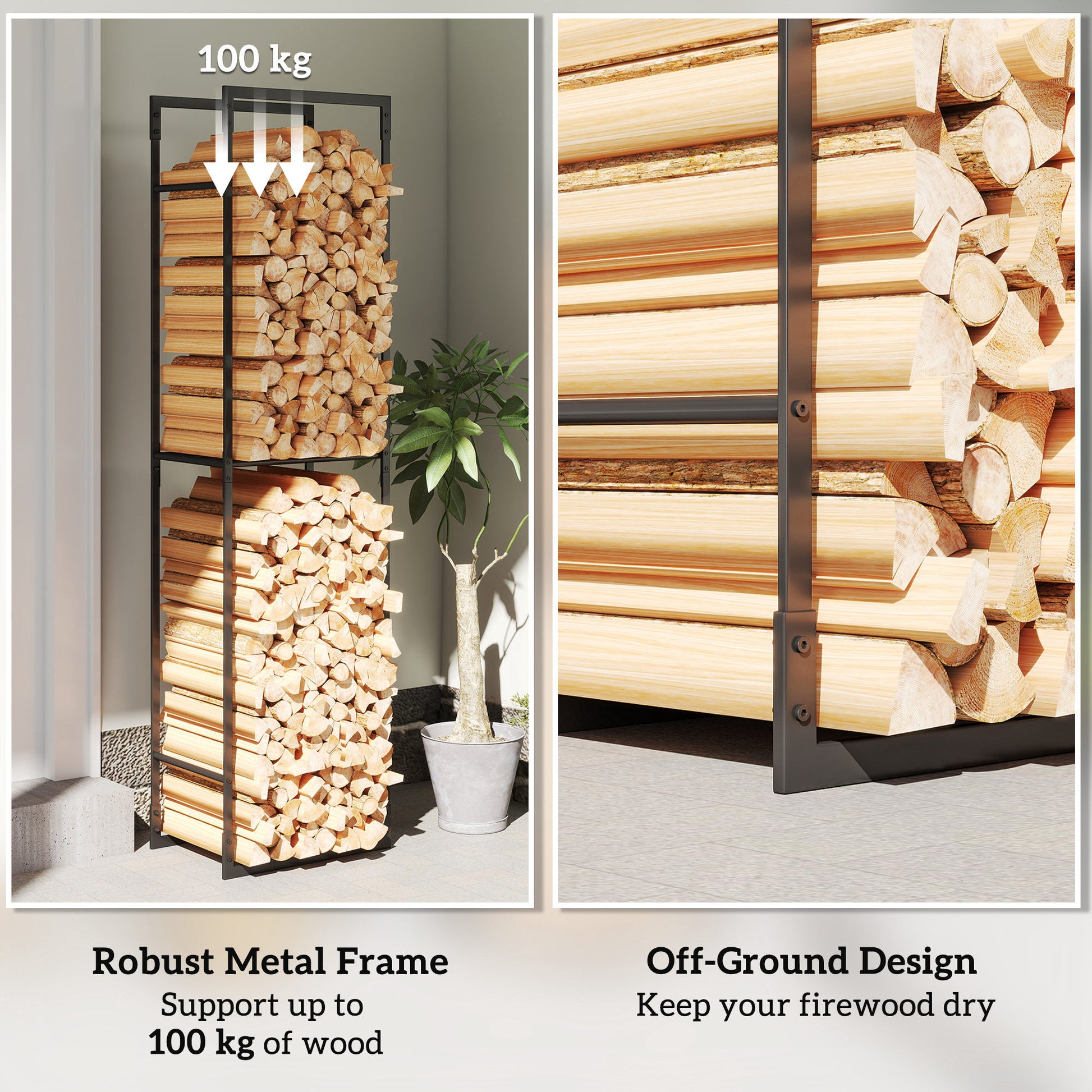 Outsunny Metal Firewood Log Holder, Heavy Duty Firewood Rack with Adjustable Shelf, Indoor Outdoor Fireplace Wood Storage Shelf, 45 x 31 x 170 cm, Black