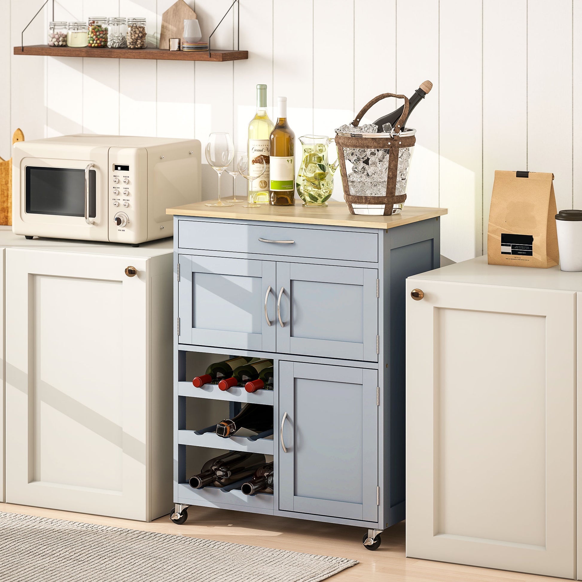 HOMCOM Modern Kitchen Trolley, Rolling Island Storage Cart with Drawer, 9-bottle Wine Rack, Door Cabinets, Wooden Countertop, Grey