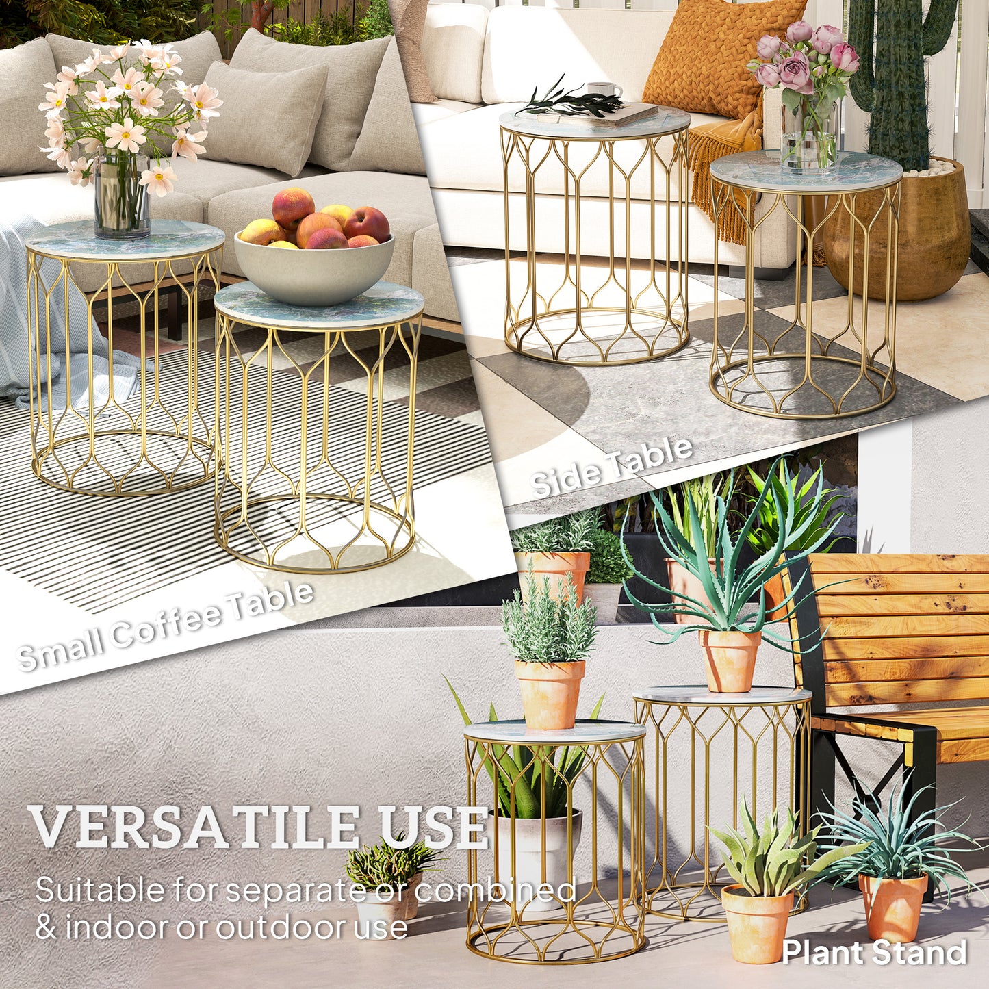 Outsunny Round Coffee Table Set of 2, Modern Nesting Tables with Ceramic Tile Top, Small End Tables, Indoor Outdoor Side Table with Metal Frame for Living Room, Bedroom, Patio, Balcony, Multicoloured