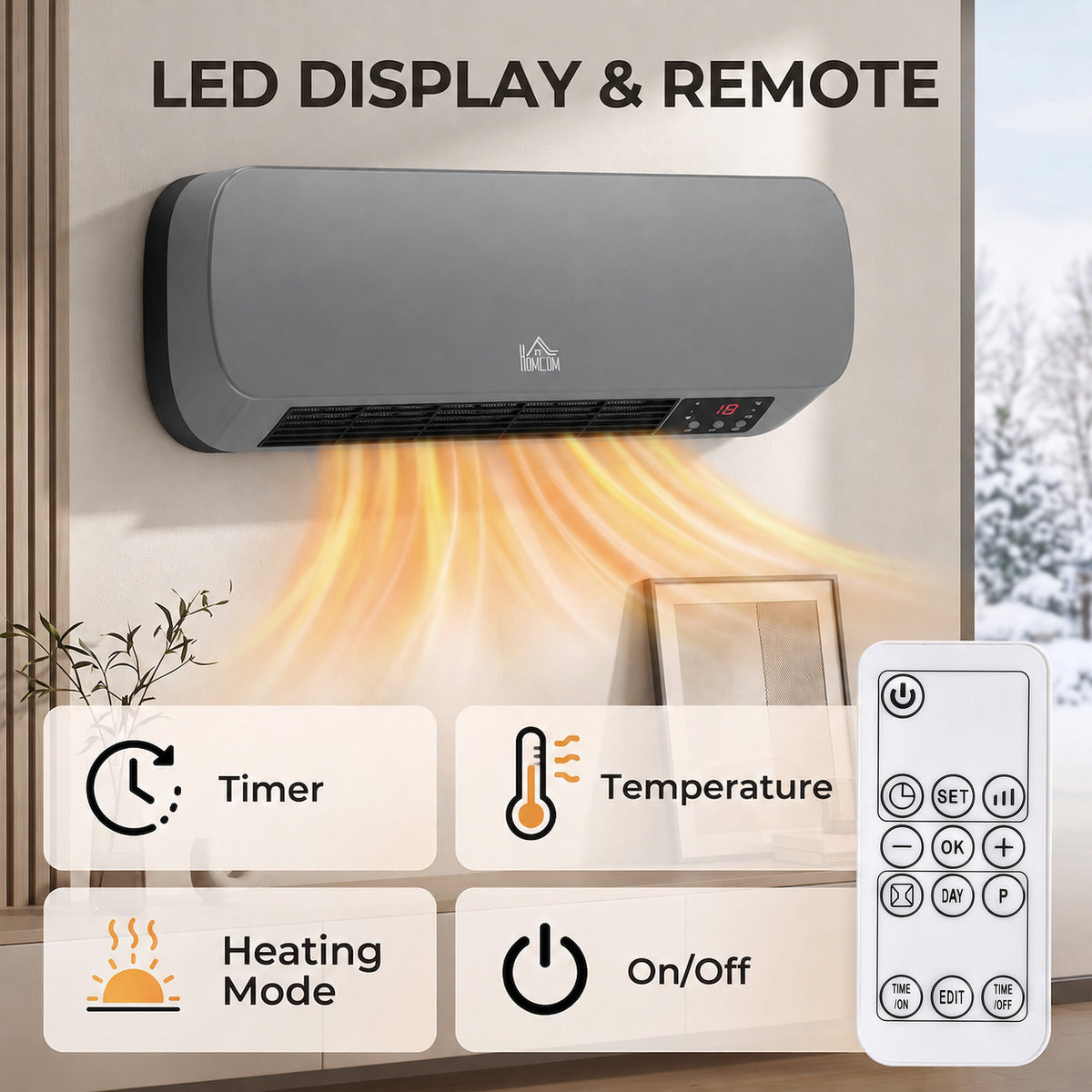 HOMCOM 2000W Ceramic Heater, Wall Mounted Space Heater with 3 Heat Settings, Adjustable Thermostat, Remote Control, Grey