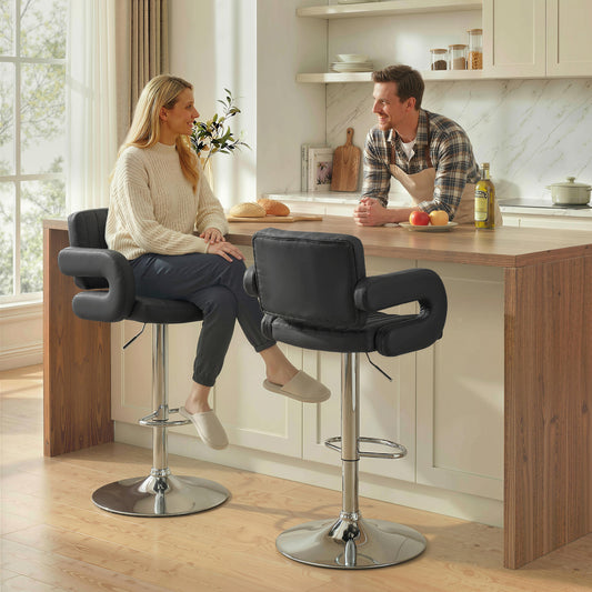 HOMCOM Bar Stools Adjustable Swivel Kitchen Chairs with Backrest Armrest Set of 2 PU Leather Black