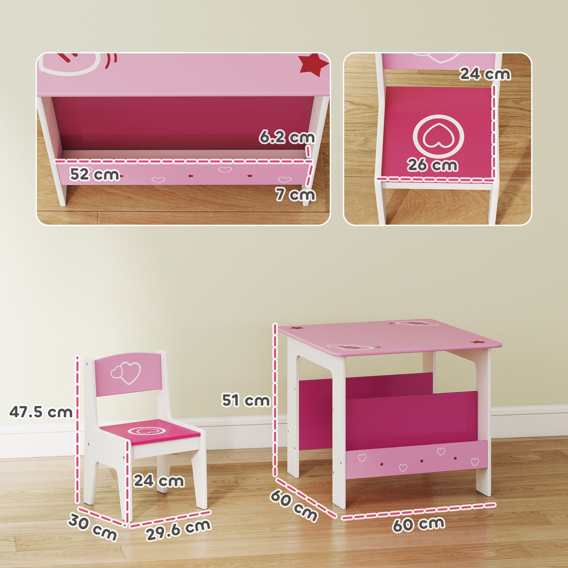 AIYAPLAY 3 Pieces Kids Table and Chair Set, Toddler Activity Table with Bookshelves, for Living Room, Nursery, Playroom, Pink