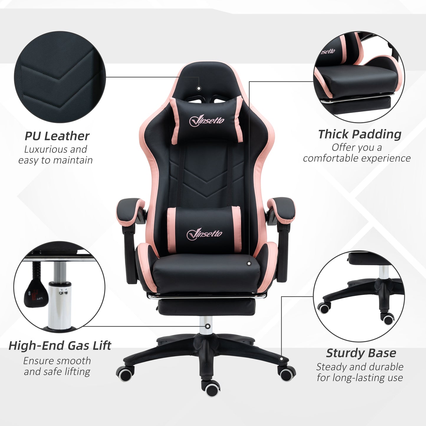 Vinsetto Computer Gaming Chair, PU Leather Office Desk Chair with Footrest, Swivel Wheels, 135° Reclining Back, Lumbar Support, Headrest for Home, Black and Pink