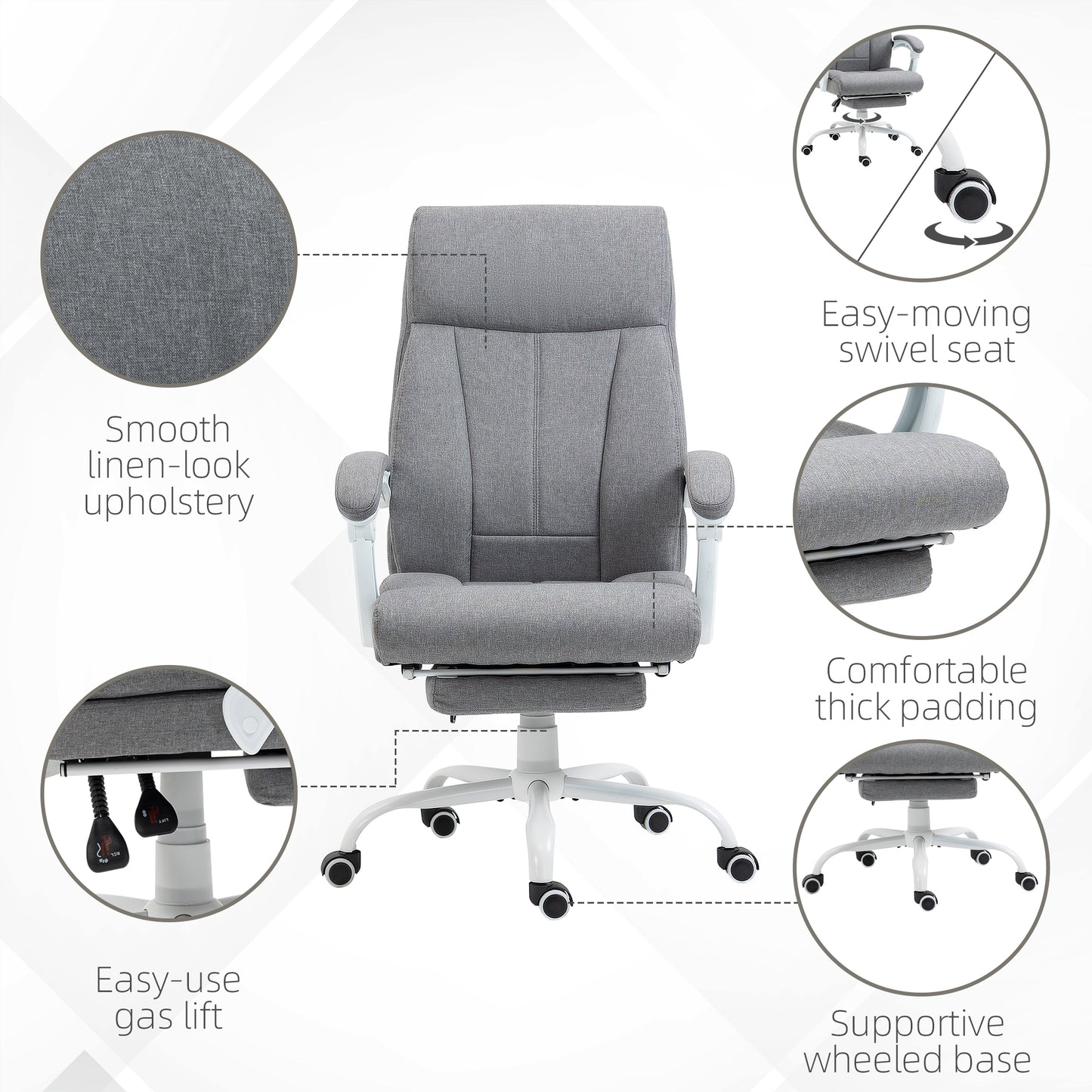 Vinsetto Office Chair, Ergonomic Desk Chair, Fabric Work Study Chair with 155Â° Reclining Back and Footrest, Adjustable Height and Swivel Wheels, Grey