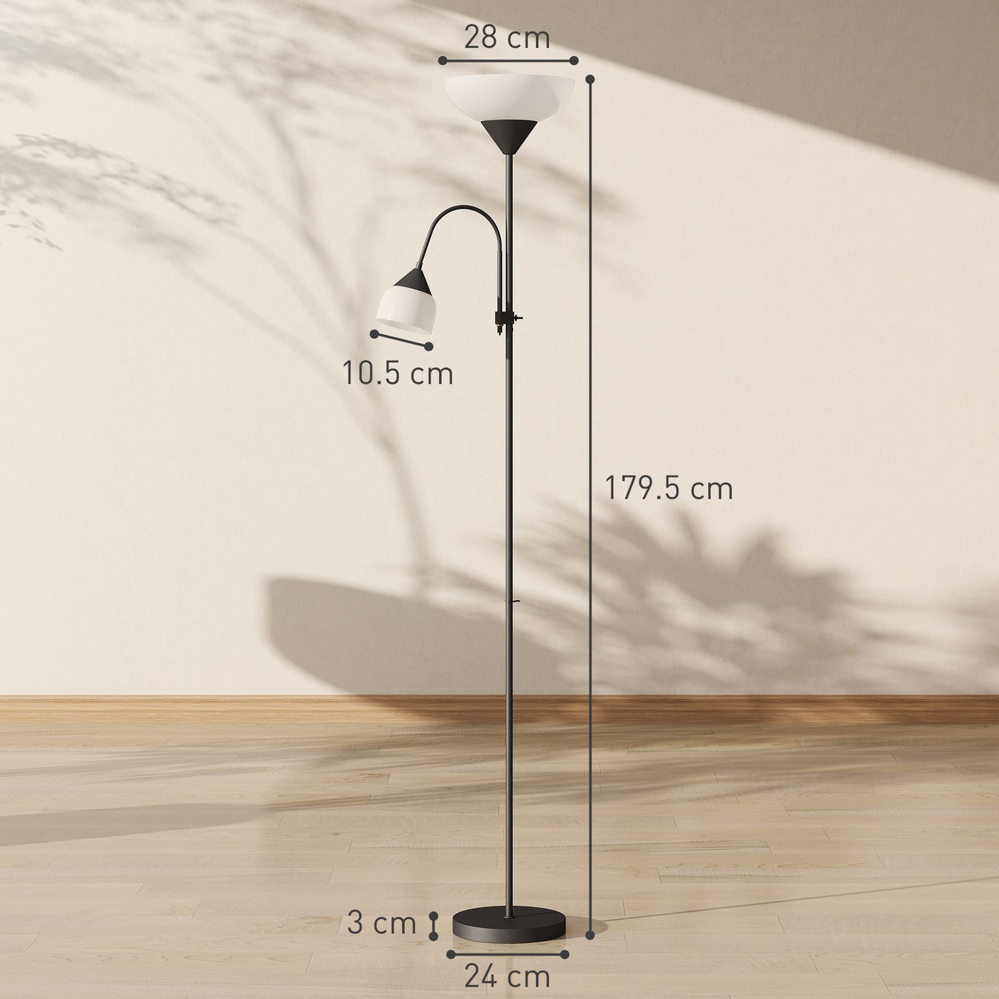 HOMCOM LED Floor Lamp for Living Room, 180cm Tall Standing Lamp, Mother and Child Uplighter with Adjustable Gooseneck, 3000K/4500K/6500K Colour Temperatures, Black