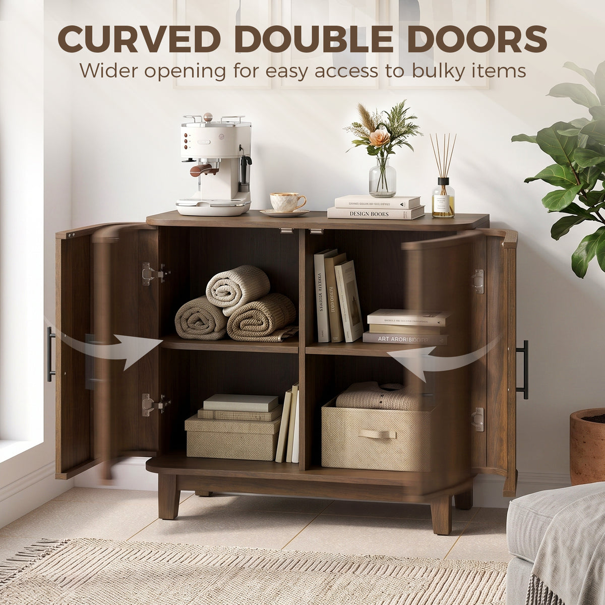 HOMCOM Sideboard Buffet Cabinet, Storage Cabinet with 2 Curved Doors, Adjustable Shelf and Legs for Dining Room, Dark Walnut