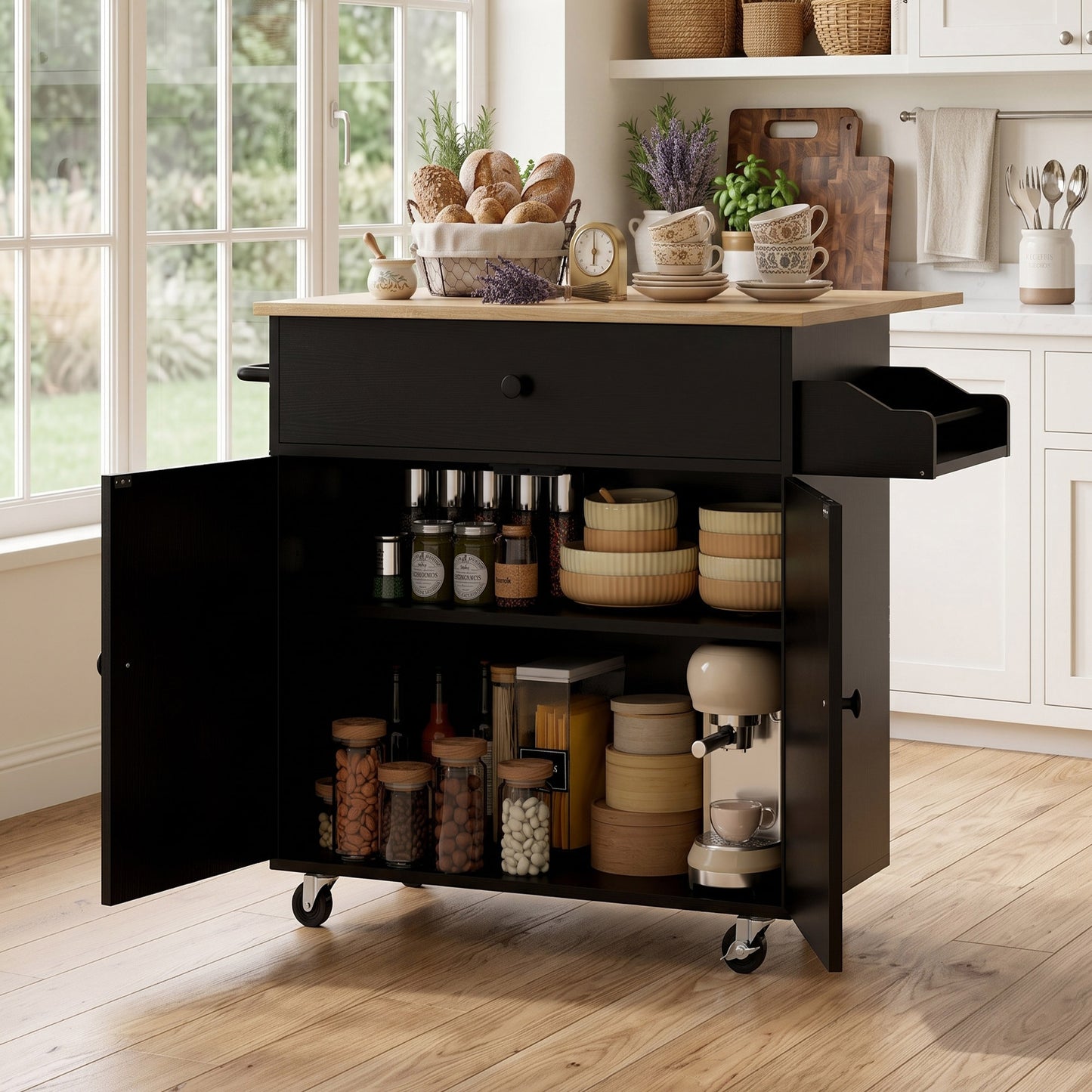 HOMCOM Kitchen Island with Drop Leaf, Rolling Kitchen Storage Trolley on Wheels with Drawer, Spice Rack and Towel Rack, Black