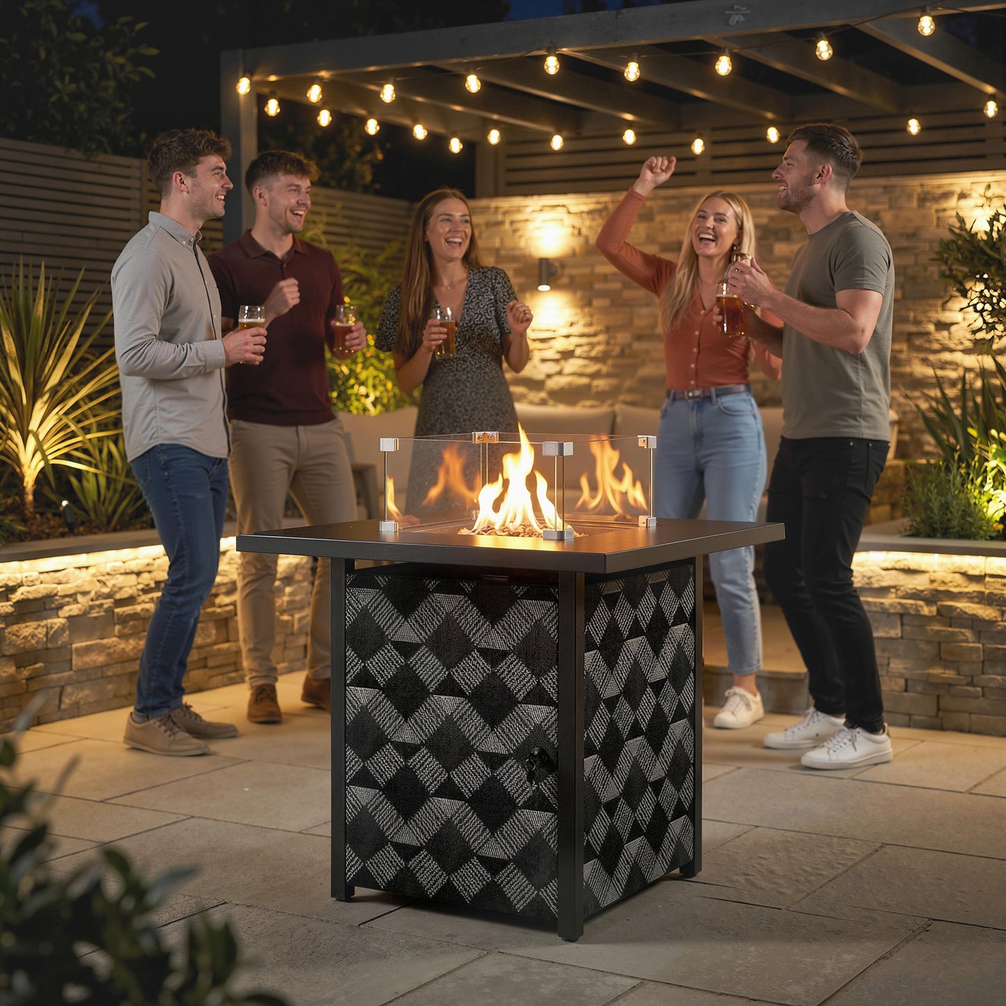 Outsunny Square Propane Gas Fire Pit Table, 12 KW Firepit with Glass Wind Guard, Lava Rocks, Gas Tank Holder
