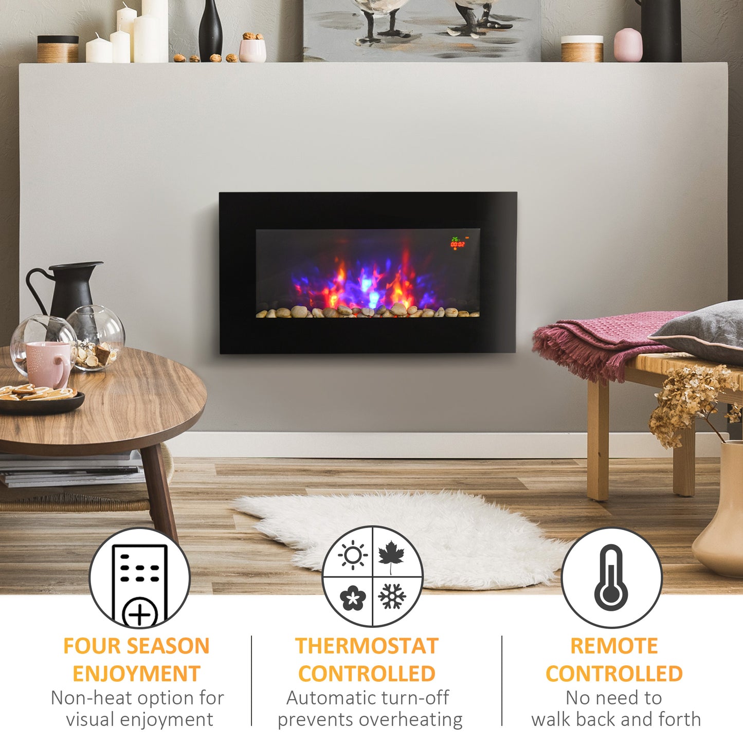 HOMCOM 1000W/2000W Electric Wall Fireplace w/ LED Flame Effect Timer Remote Sleek Stylish Safe Home Heating 20-25ãŽ¡
