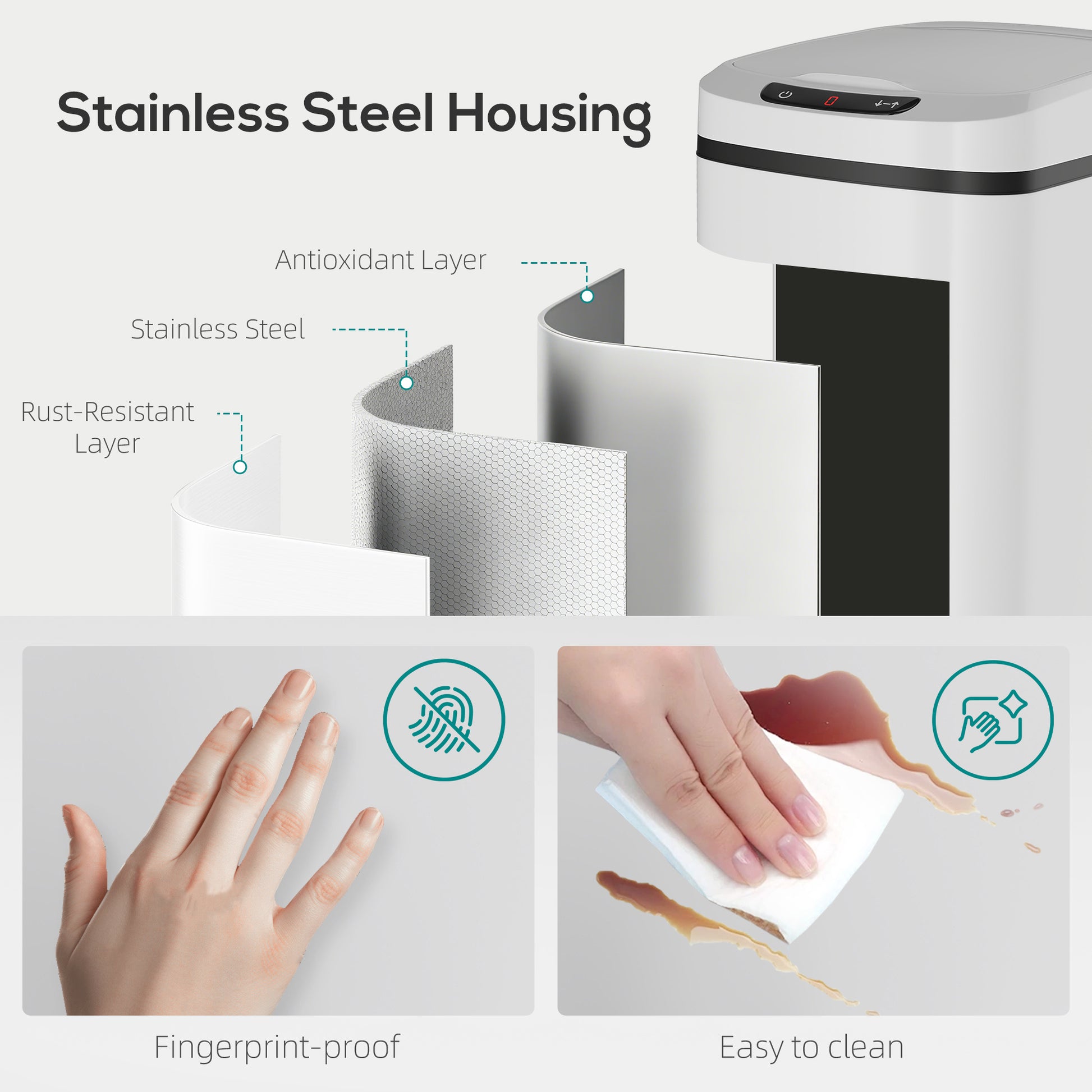 HOMCOM 12L Sensor Bin, Automatic Touchless Motion Sensor Kitchen Bin with Fingerprint Resistant Stainless Steel, White