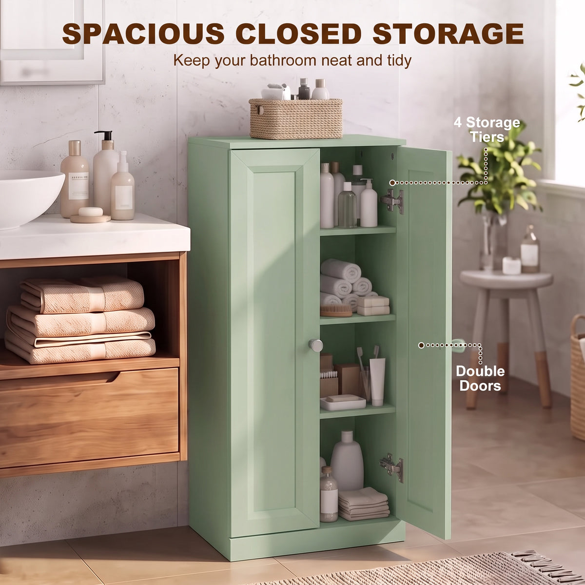 HOMCOM Narrow Bathroom Cabinet, Slim Storage Cabinet with 2 Doors & 4 Tiers, Freestanding Narrow Cupboard