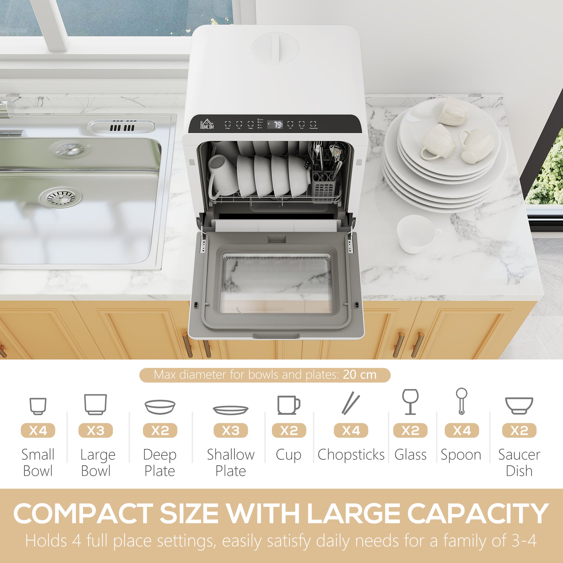 HOMCOM 6L Five-Mode Tabletop Dishwasher - White