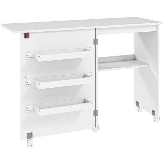 HOMCOM Folding Sewing Table, Drop Leaf Craft Table with Storage Bins, Open Shelf and Wheels, Rolling Sewing Machine Cabinet Computer Desk for Small Space, White