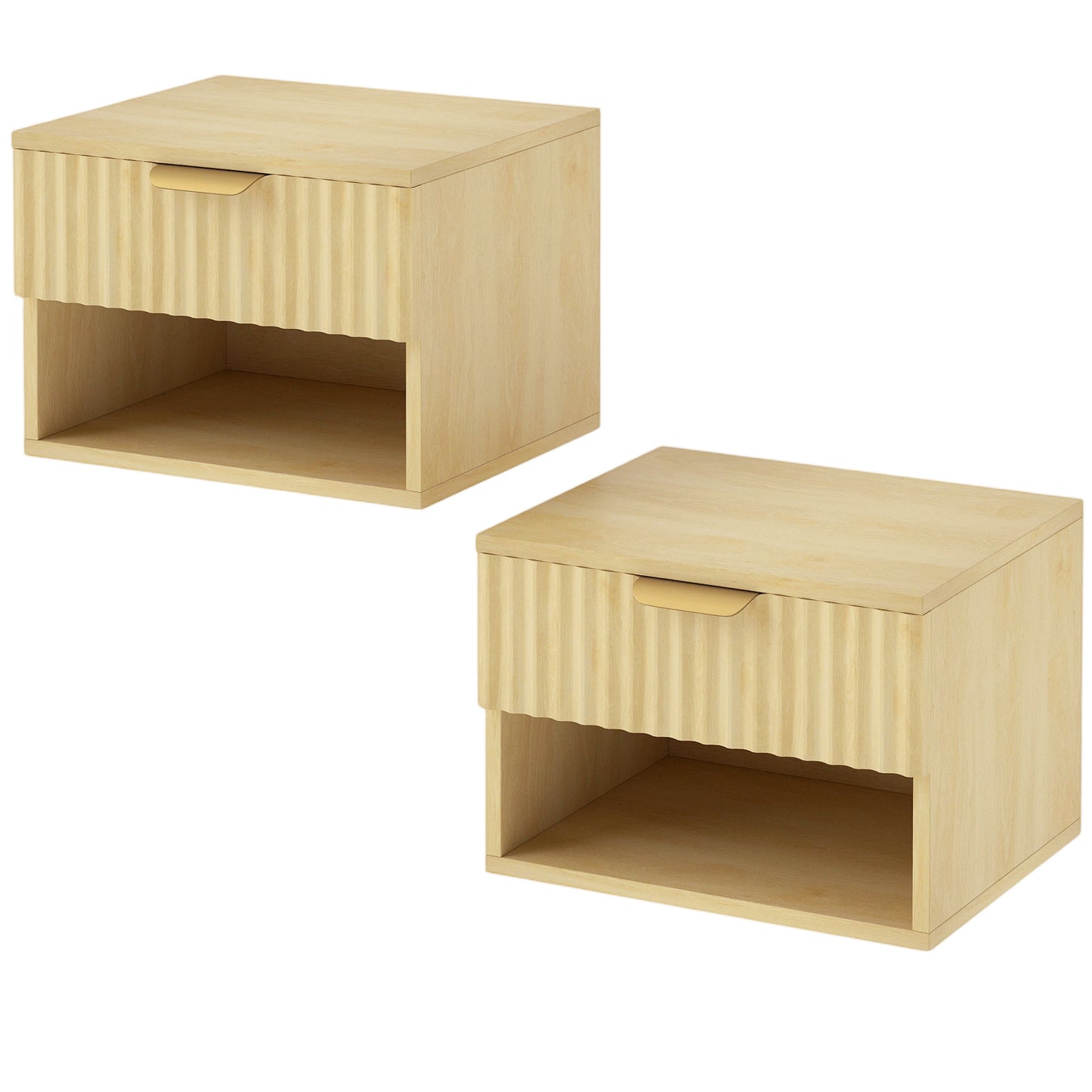 HOMCOM Floating Nightstands Set of 2, Modern Wall-Mounted Bedside Tables with Fluted Drawer and Open Shelf for Bedroom, Oak