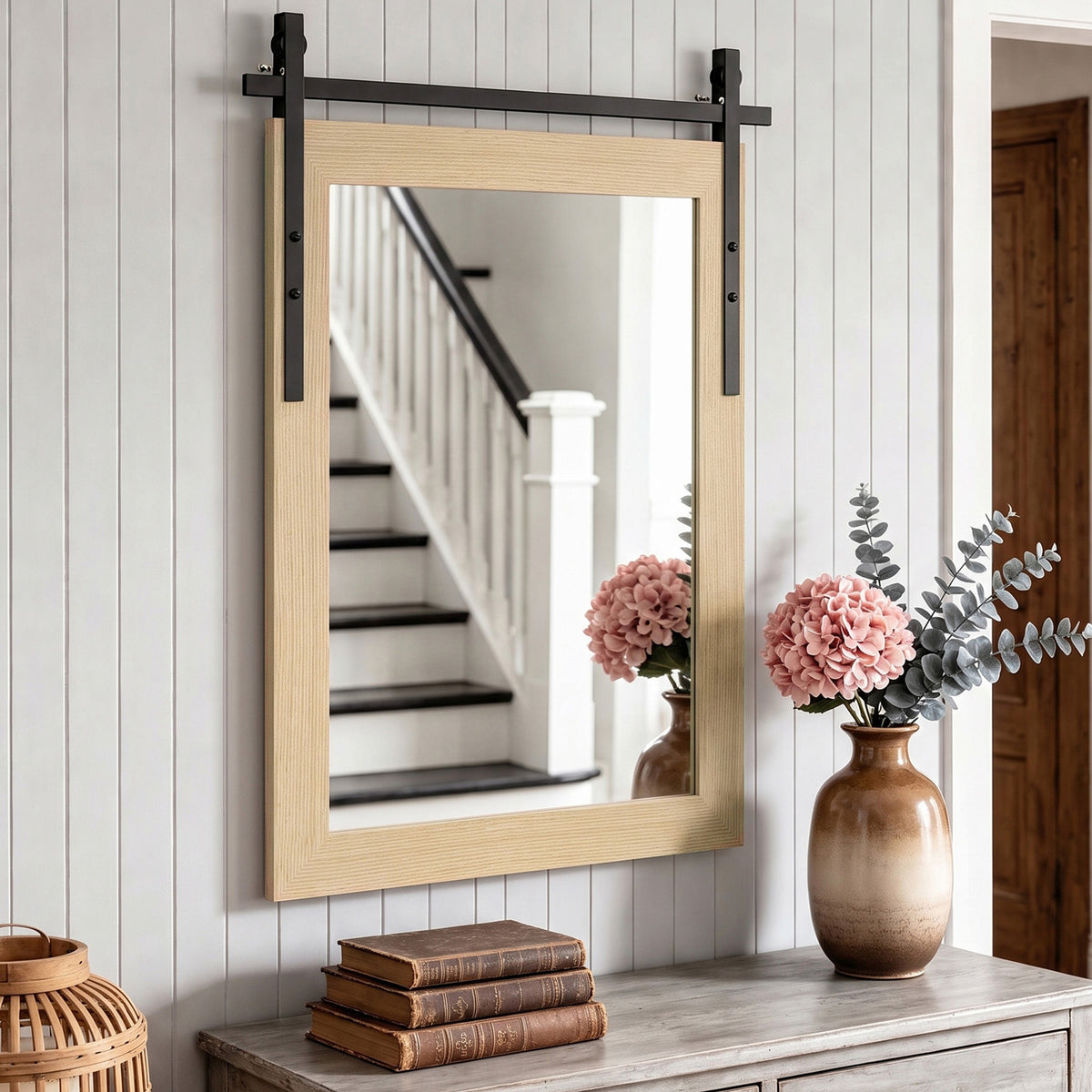 HOMCOM 110 x 66 cm Rectangle Mirror, Farmhouse Wall Mirror for Living Room, Bedroom, Hallway, White Oak
