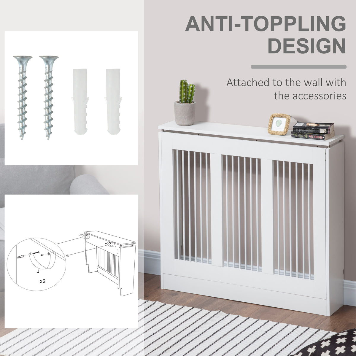 HOMCOM Radiator Cover Vertical Slatted Grille Heater Cover Top Shelf MDF Steel for Heat Circulation 90 x 18 x 84 cm White