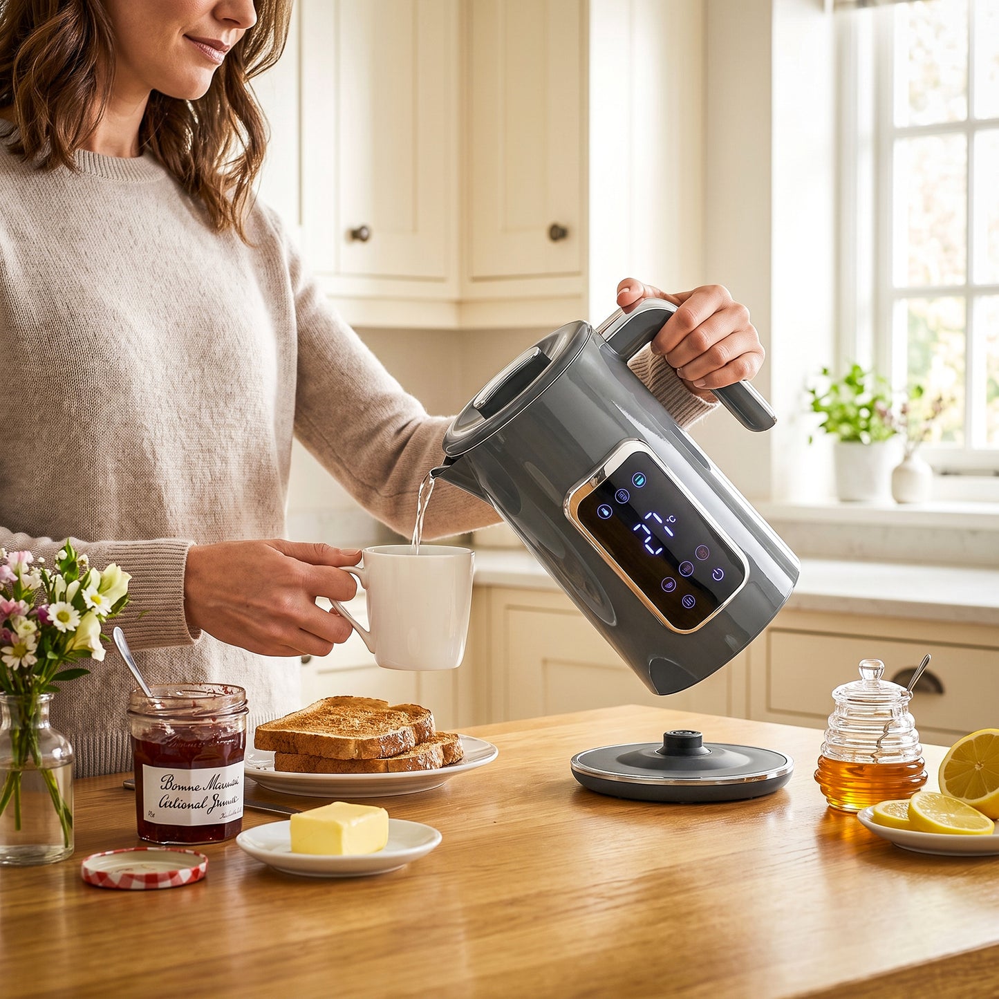 HOMCOM Electric Kettle, 1.7L Fast Boil 3000W Water Kettle with LED Display, Adjustable Temperature, Keep Warm Function, Grey