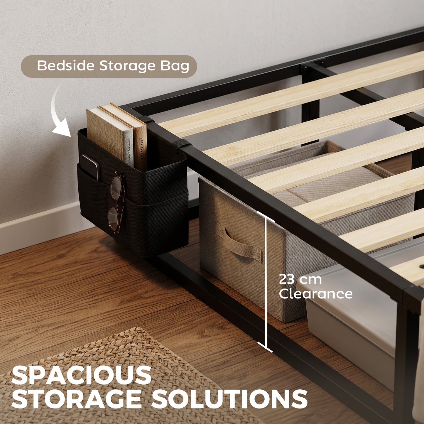 HOMCOM 12 Slats Metal Platform Bed Frame, 3ft Single Bed Frame with Storage Bag and Anti-Slip Pads, Black