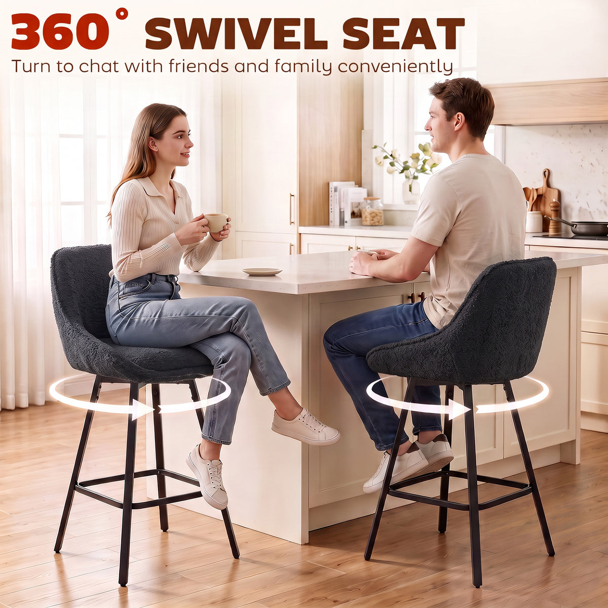 HOMCOM Bar Stools Set of 2, 64 cm Modern Linen-Touch Fabric 360Â° Swivel Counter Height Bar Chairs, Black