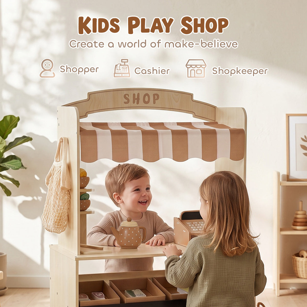 AIYAPLAY Pretend Play Shop, Wooden Kids Grocery Store Playset with Play Food, Cash Register, Chalkboard, 61 Accessories for 3-8