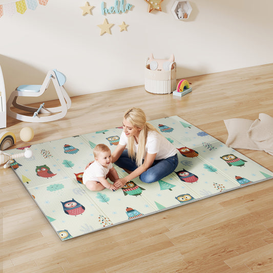 AIYAPLAY Foldable Baby Plat Mat Double Sided, Kids Floor Mat for Crawling, 200L x 150W cm, Car track and Owl Theme
