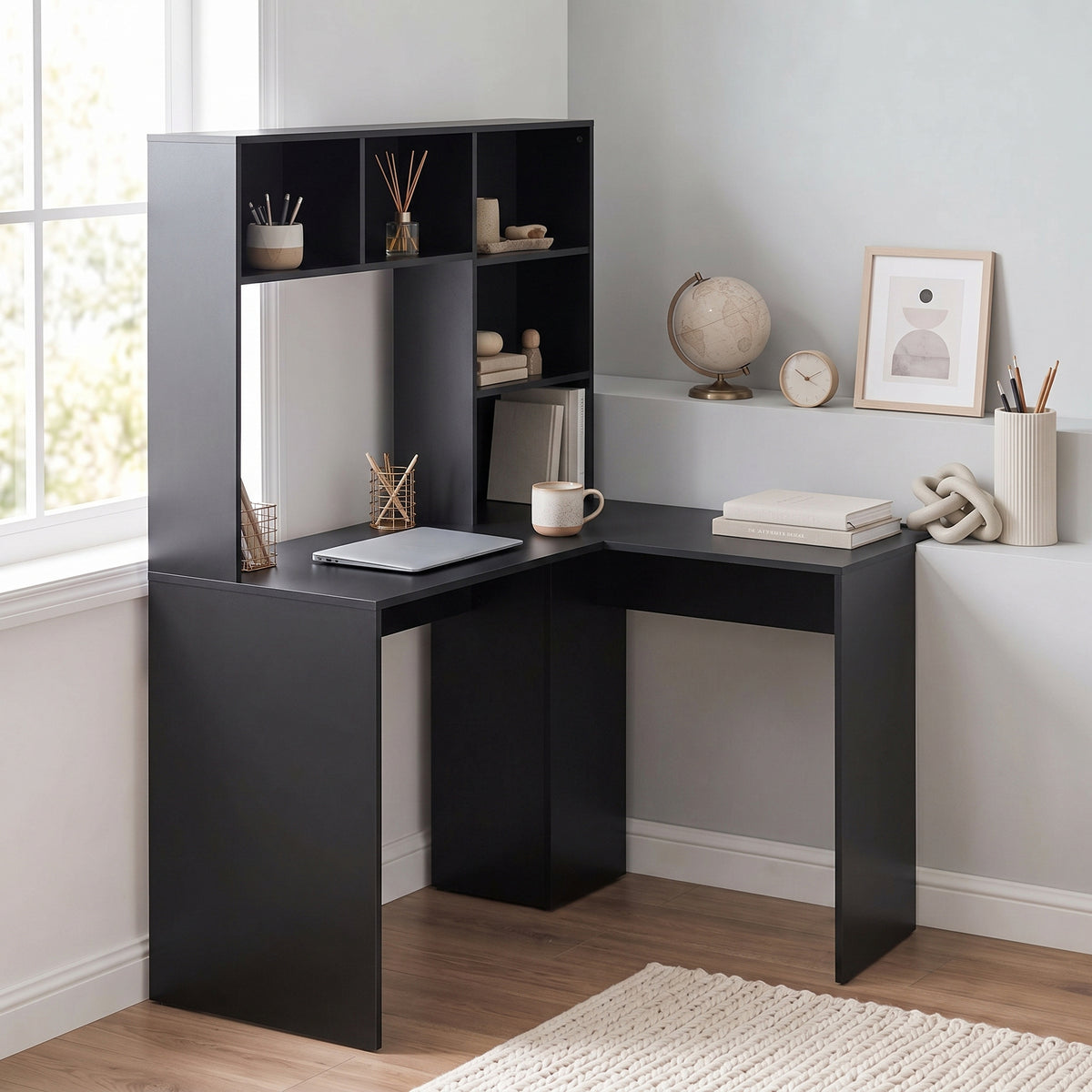 HOMCOM Modern Corner Computer Desk, L Shaped Desk with Monitor Stand and Storage Shelves for Home Office, Bedroom, Black