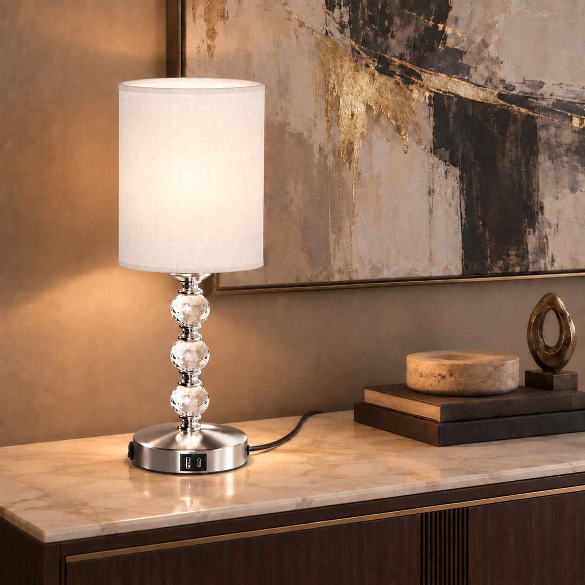 HOMCOM Bedside Lamp, Modern Crystal Decoration Table Lamp w/ PVC shade, USB A+C Charging Ports, Bulb Not Included, Silver Tone