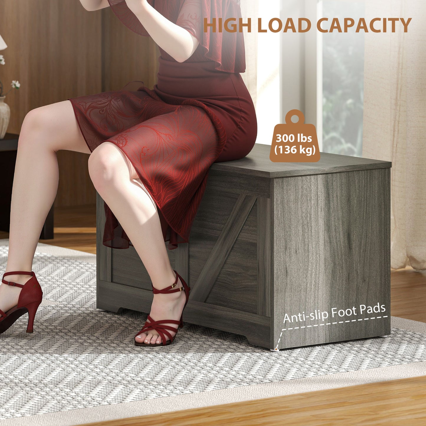 HOMCOM 100L Home Storage Box, with Safety Hinges - Charcoal Grey