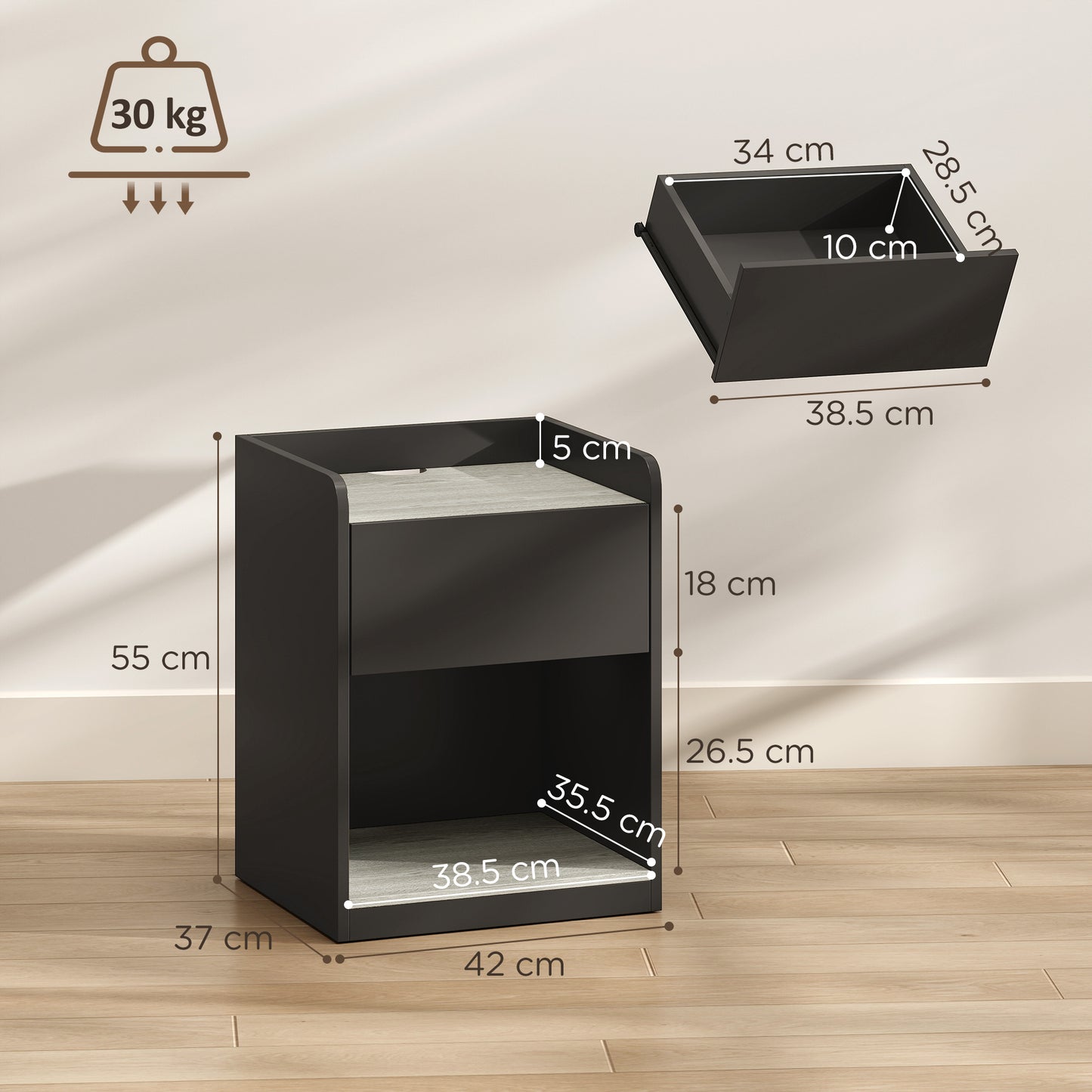 HOMCOM Modern Bedside Table, Slim Nightstand with Drawer, Shelf and Cable Holes, Black and Grey Wood Effect