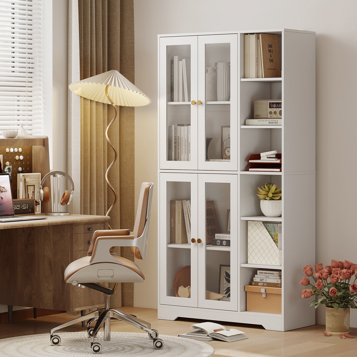 HOMCOM Multi-Storage Kitchen Cabinet, with Glass Doors - White Wood-Effect