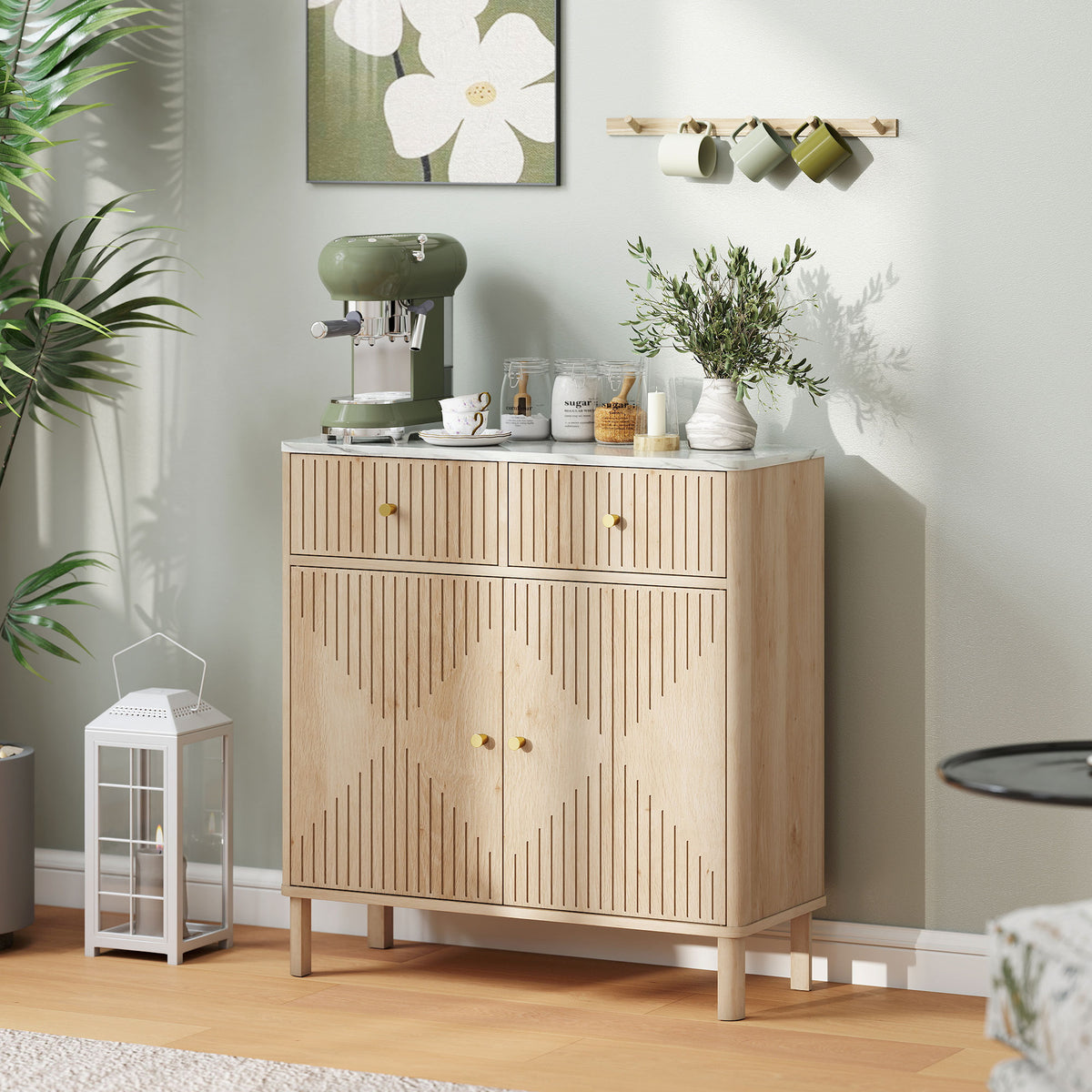 HOMCOM Sideboard Storage Cabinet, Fluted Kitchen Cupboard with Marble-Effect Top, 2 Drawers, 2 Doors and Adjustable Shelf, Oak