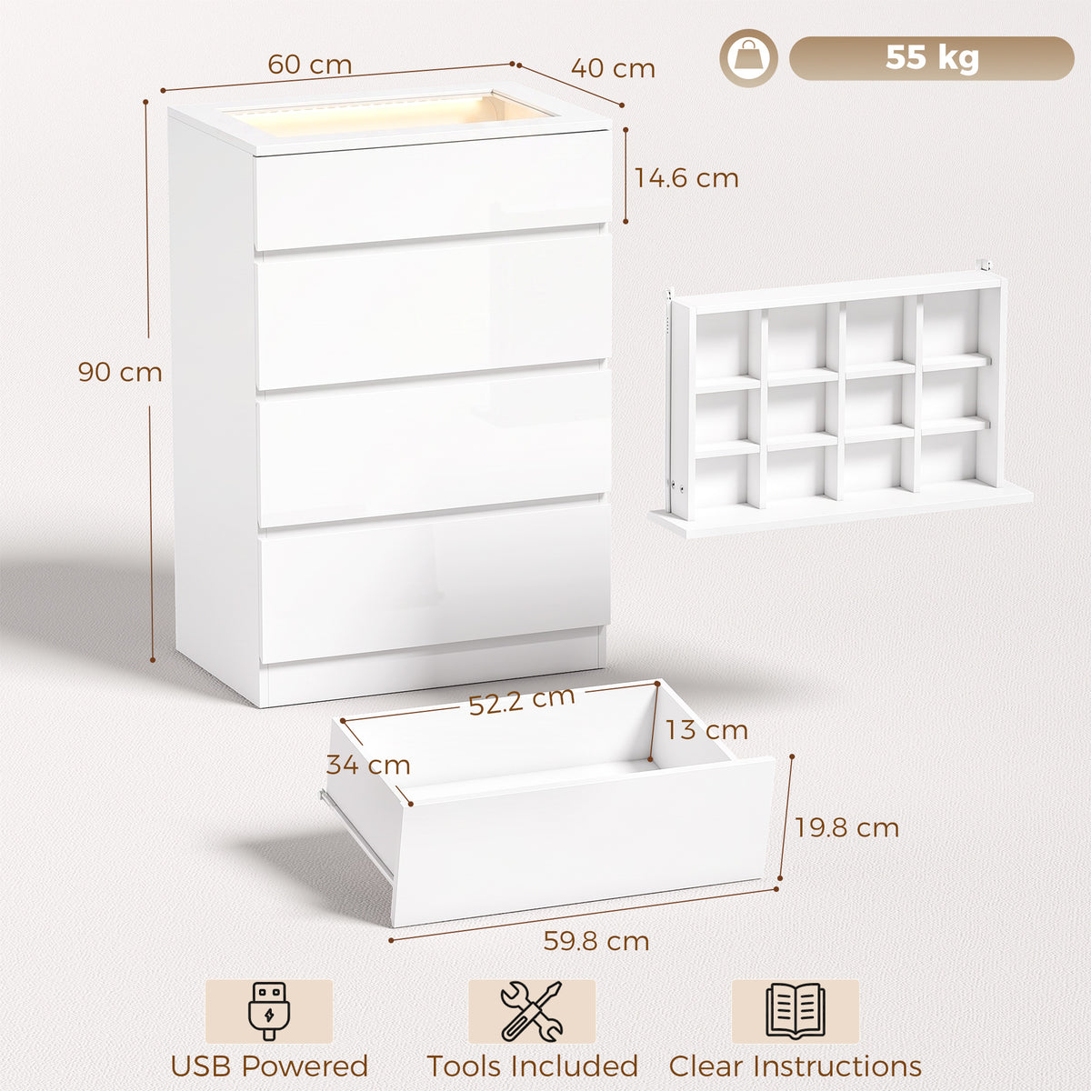 HOMCOM High Gloss 4 Drawer Chest of Drawers with Glass Top and RGB LED Lights, Dresser with Jewelry Organizer, APP Control