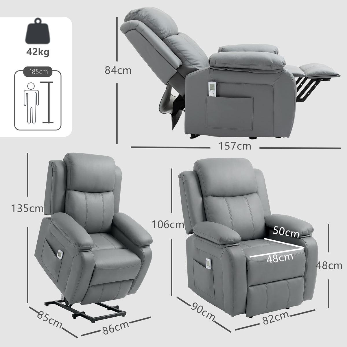 HOMCOM Riser and Recliner Chair with Massage, PU Leather Power Electric Lift Chair for Elderly with High Back, Grey