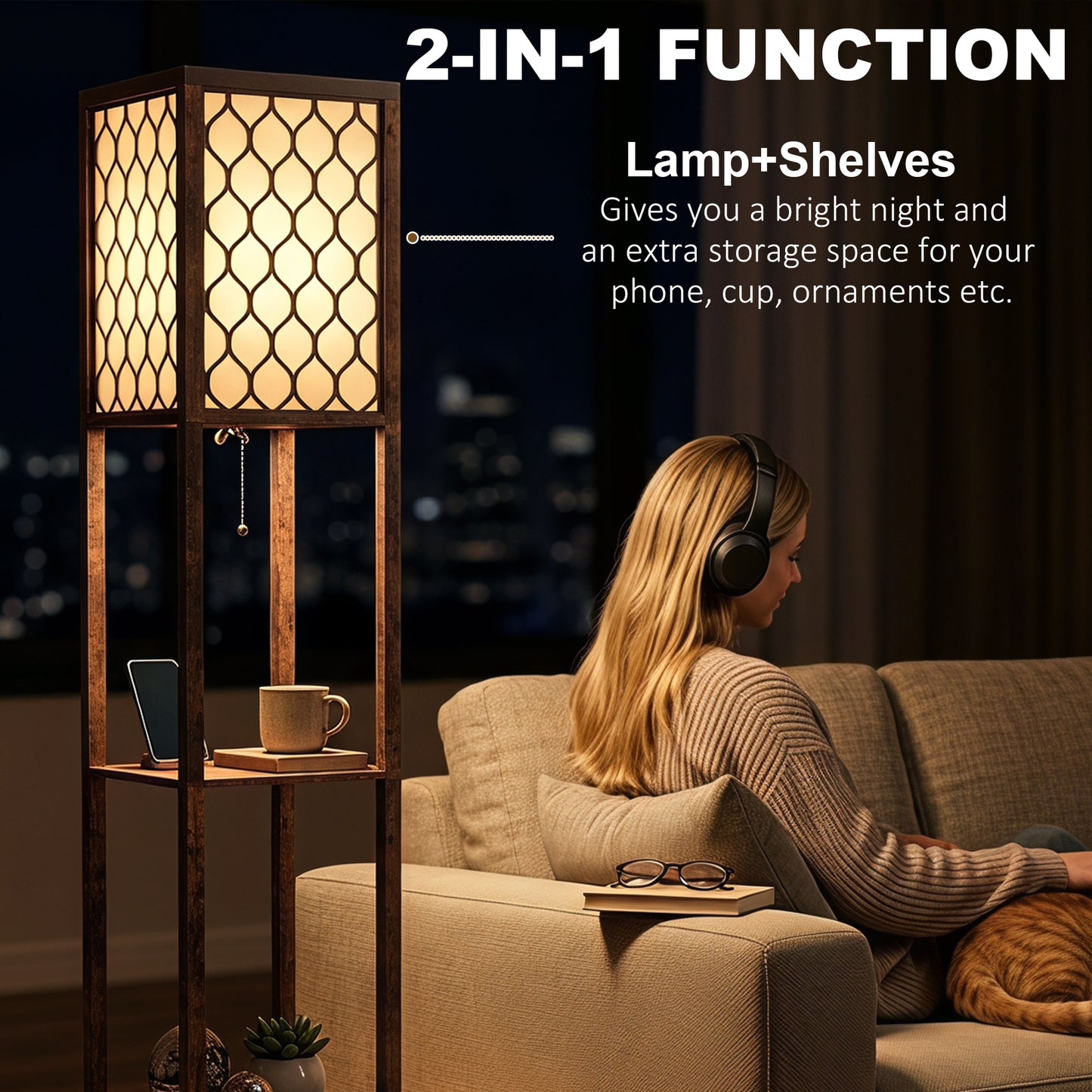 HOMCOM Floor Lamp with Shelves, Modern Tall Standing Lamp with Fabric Lampshades, Zipper Switch and Dual Light, Rustic Brown