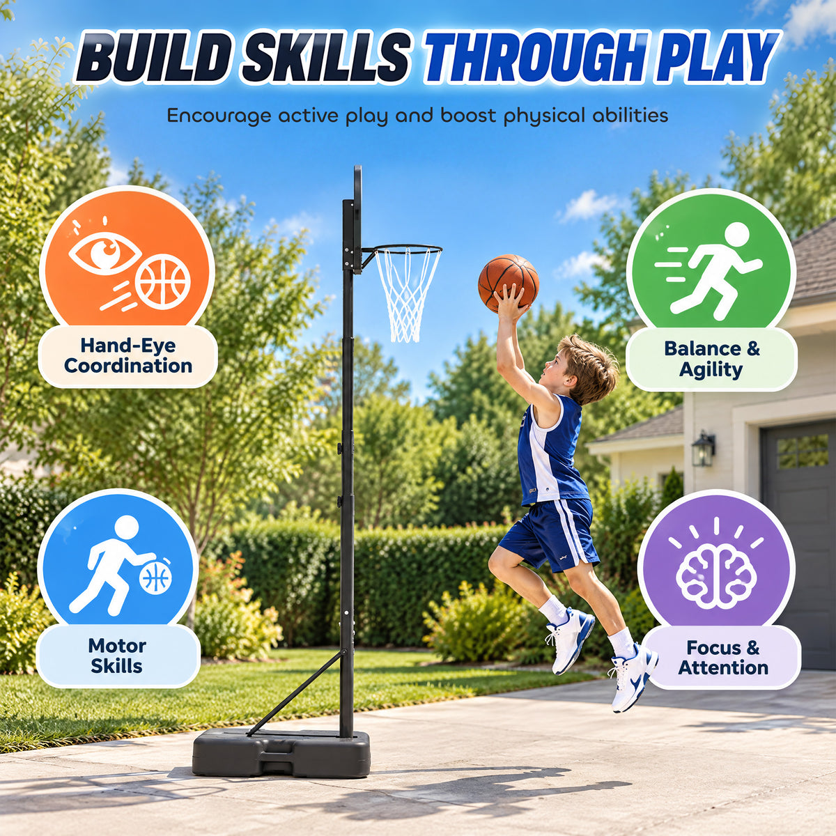 AIYAPLAY Kids Basketball Hoop and Stand, Adjustable Height, 172.5 /185.5 /199 cm, Outdoor Play Game Toys for Ages 3â€“8, Black