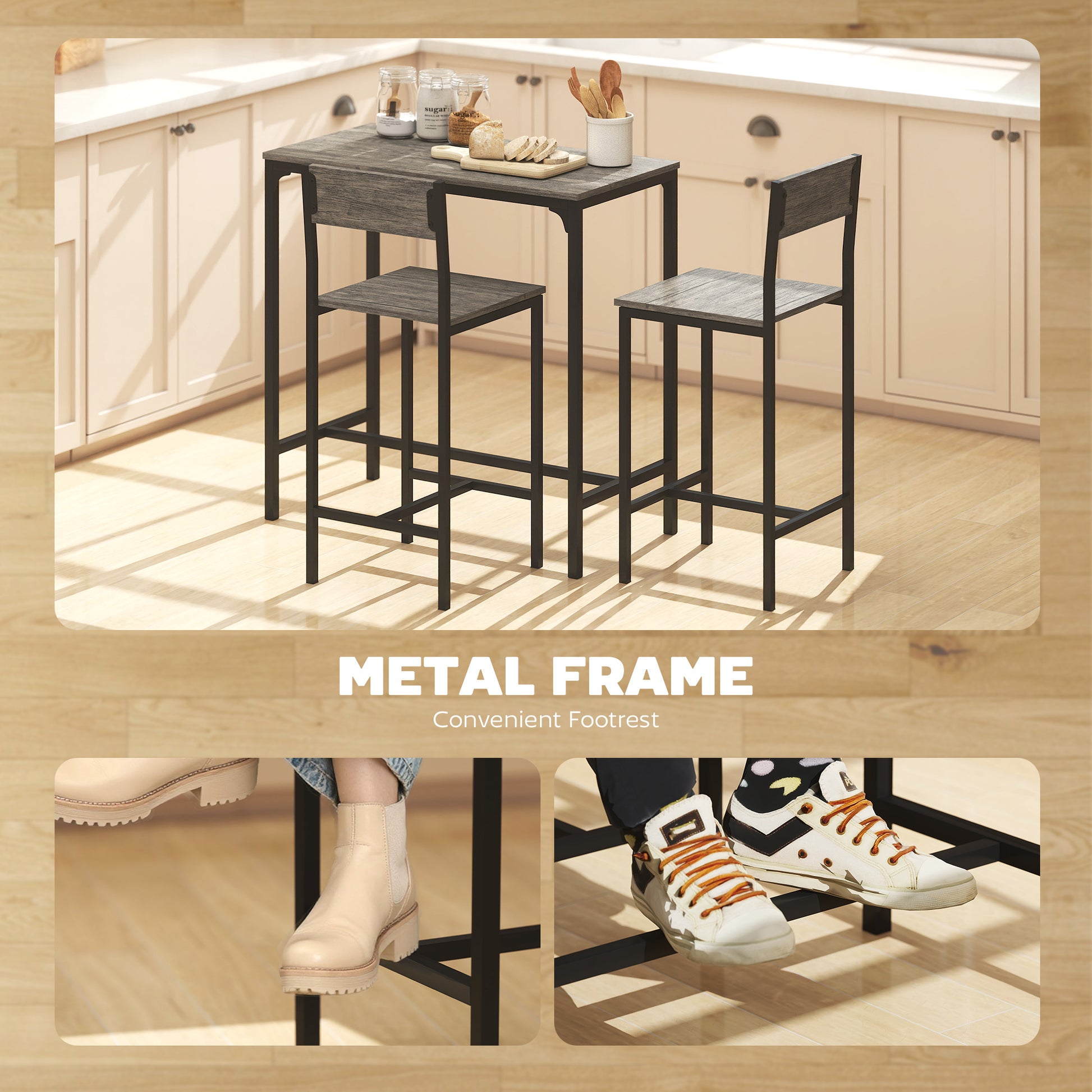 HOMCOM 3-Piece Bar Table Set with 2 Stools, Industrial Breakfast Bar Set with Footrest, Backrest for Dining Room, Small Space