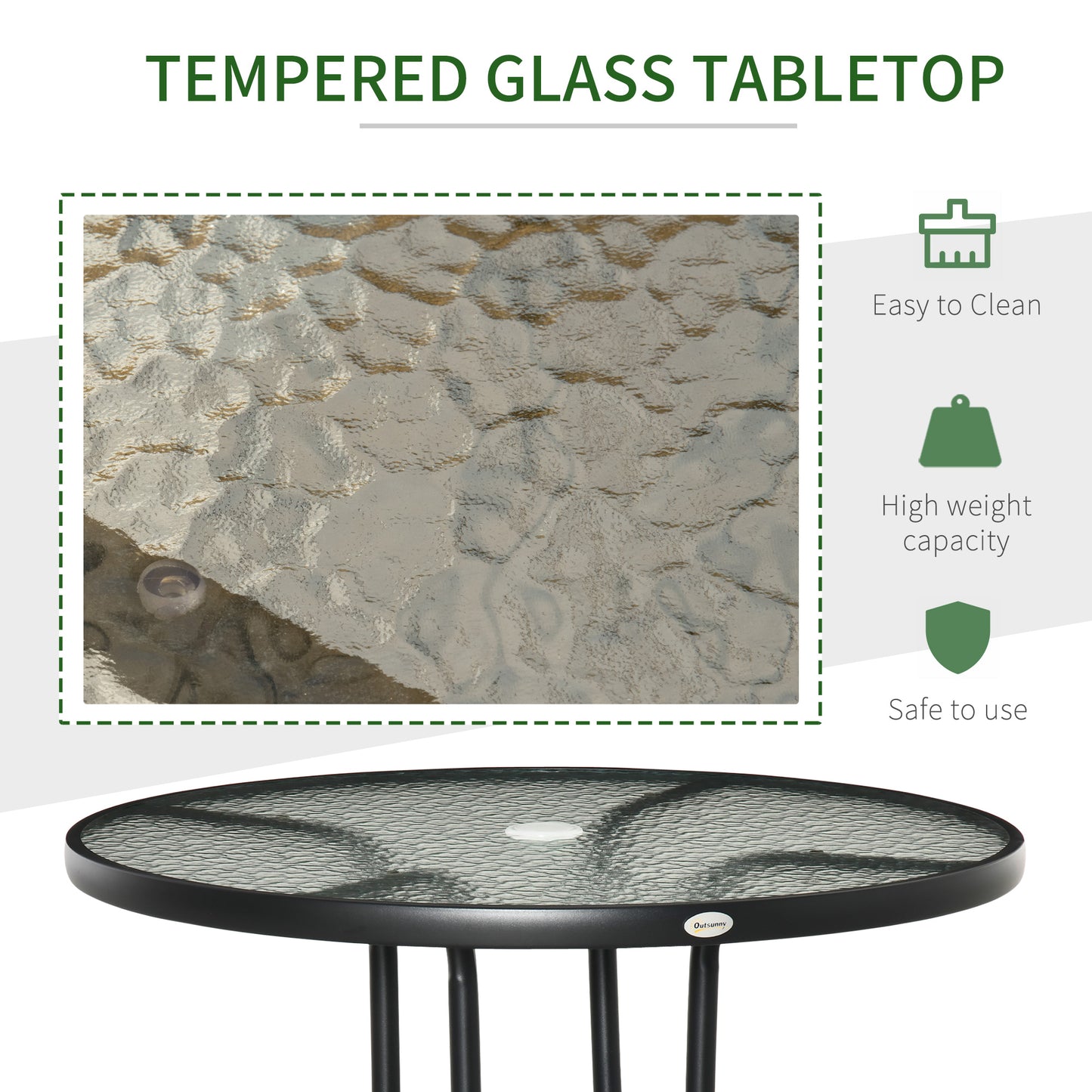 Outsunny Outdoor 80cm Round Dining Table Tempered Glass Top Steel Frame Bistro Coffee End Side Table Garden w/ Parasol Hole