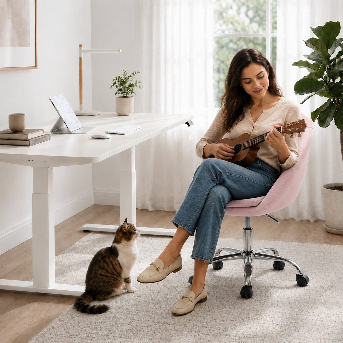 HOMCOM Velvet Desk Chair, Modern Office Chair with Height-Adjustable, Wheels, for Home Study Bedroom, Pink