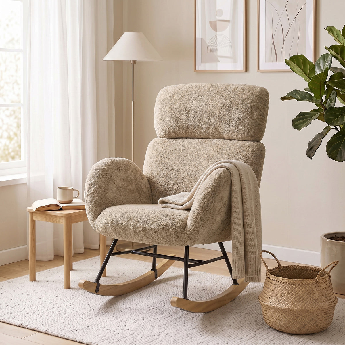 HOMCOM Upholstered Rocking Chair Adjustable Headrest Rocker Chair Raindrop Velvet Rubberwood Base Light Brown