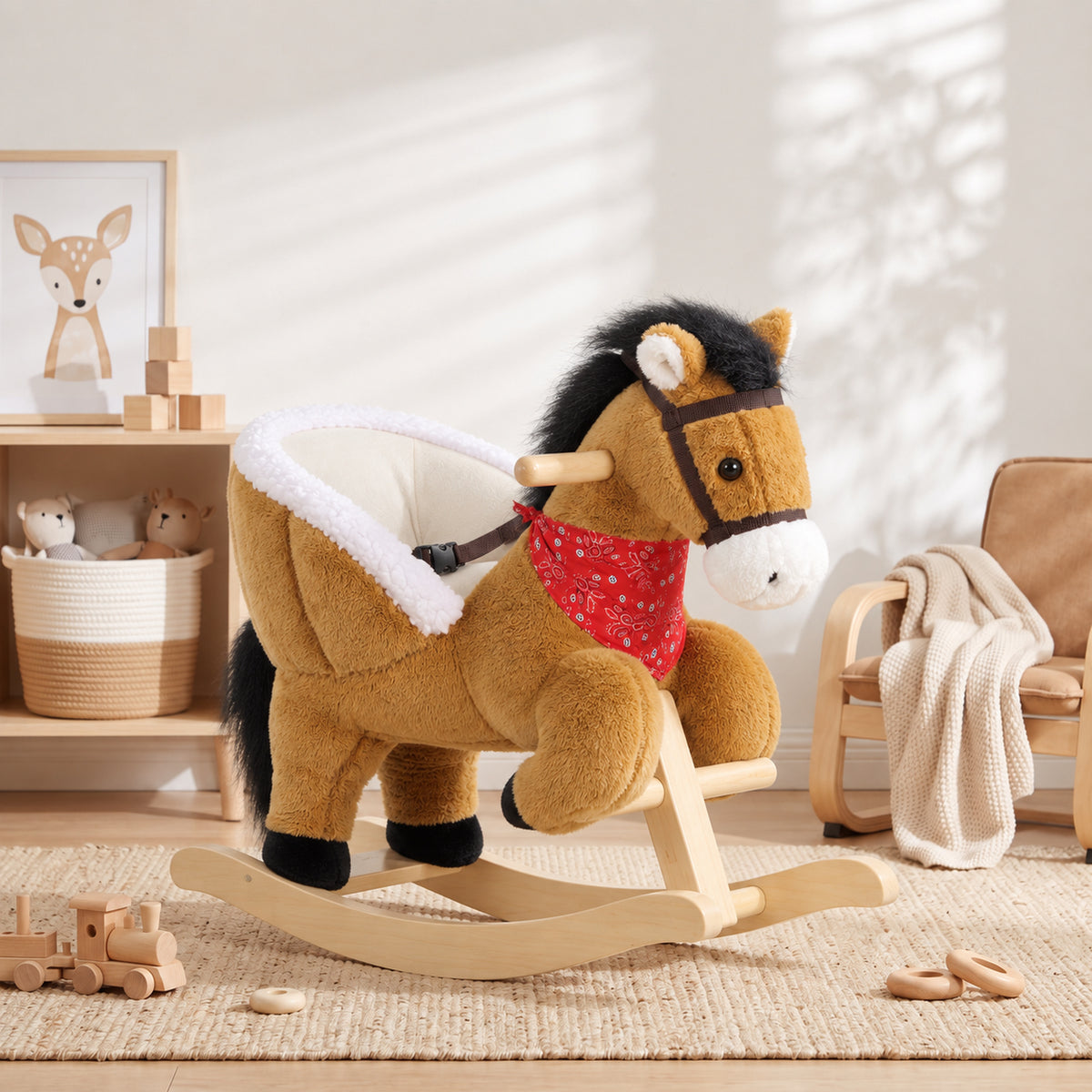 AIYAPLAY Rocking Horse Toy for Toddlers, Plush Ride on Horse with Seat Belt, Lifelike Neigh, Pretend Play Toy for 18-36 M, Brown