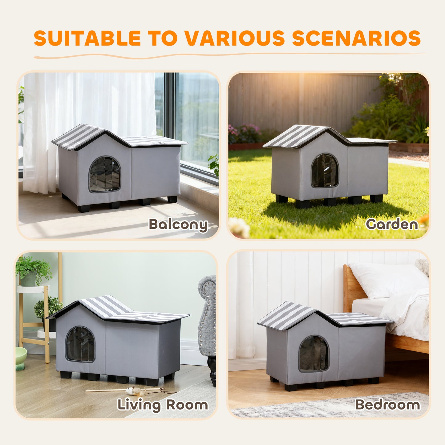 PawHut Outdoor Cat House, Weatherproof Feral Cat Cave with Elevated Base and Cushion for Winter, Grey