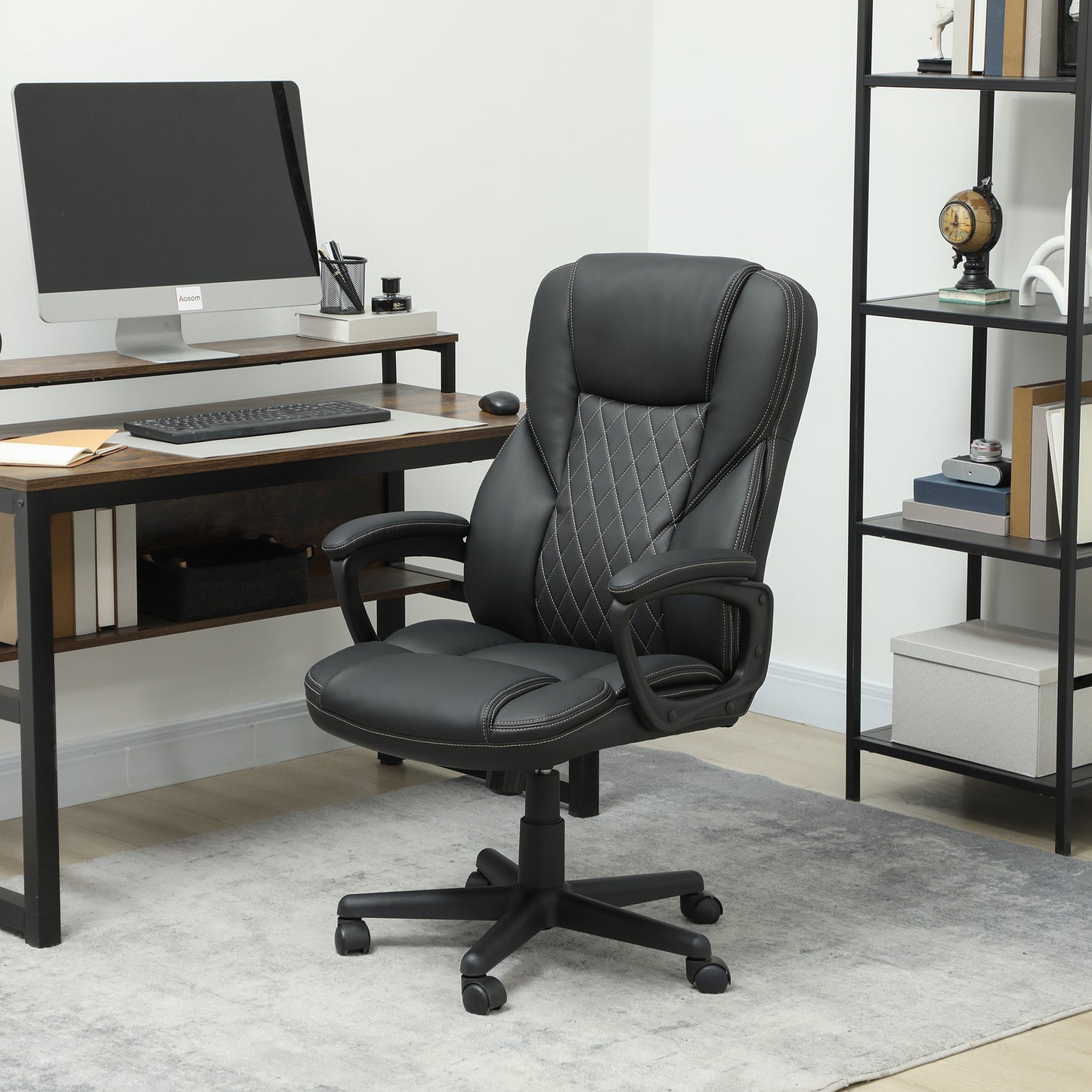 HOMCOM High Back Executive Office Chair, PU Leather Swivel Desk Chair with Tilt Function, Armrests and Adjustable Height for Home Office, Black