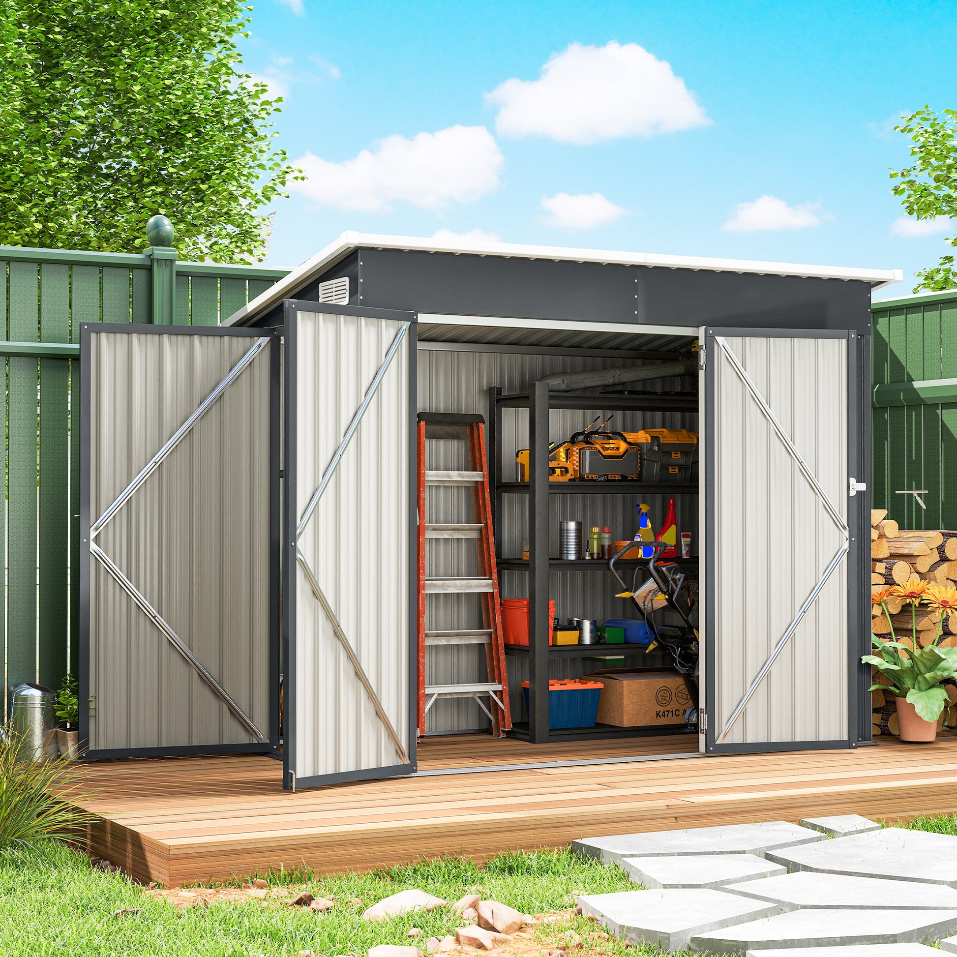 Outsunny 7.5 x 4.3ft Metal Garden Storage Shed, Waterproof Outdoor Shed with Triple Lockable Door, Gloves, Vents, Dark Grey