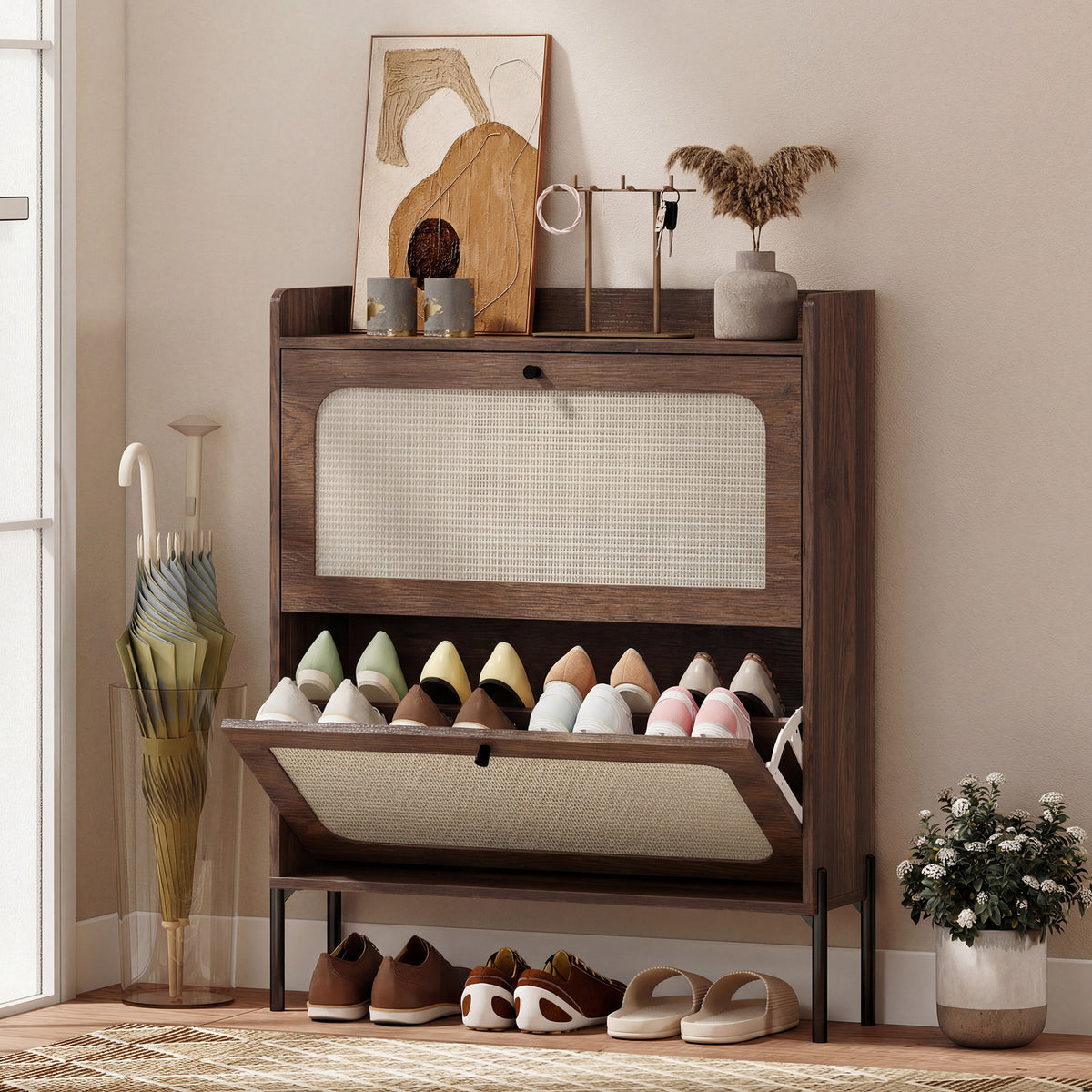 HOMCOM Shoe Cabinet with 2 Flip Drawers, Boho Narrow Shoe Storage Cabinet, Dark Brown