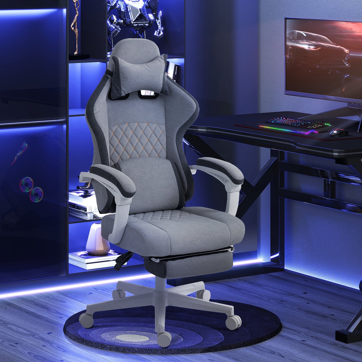 HOMCOM Ergonomic High Back Gaming Chair for Adults, Printed Velvet Computer Recliner Chair with Footrest, Lumbar Support, Adjustable Height and 360Â° Swivel Seat for Office or Gaming, Grey