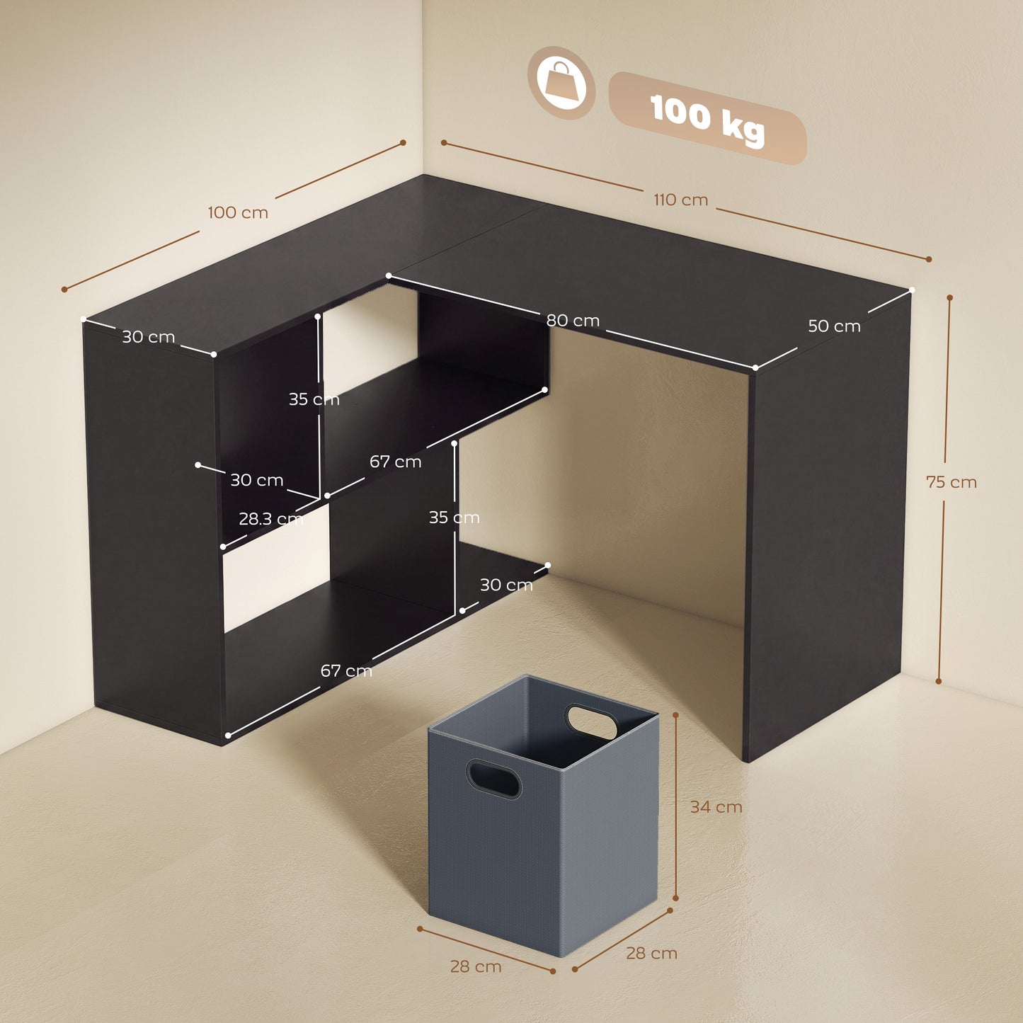 HOMCOM 110 cm L-Shaped Desk, Small Computer Desk with Fabric Drawer and Storage Shelves for Home Office, Study, Black