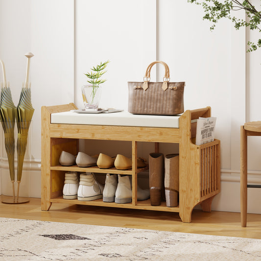 HOMCOM Shoe Bench 2-Tier Boot Section Entryway Storage Bench Cushioned Seat 80 x 30 x 50 cm Natural and Cream