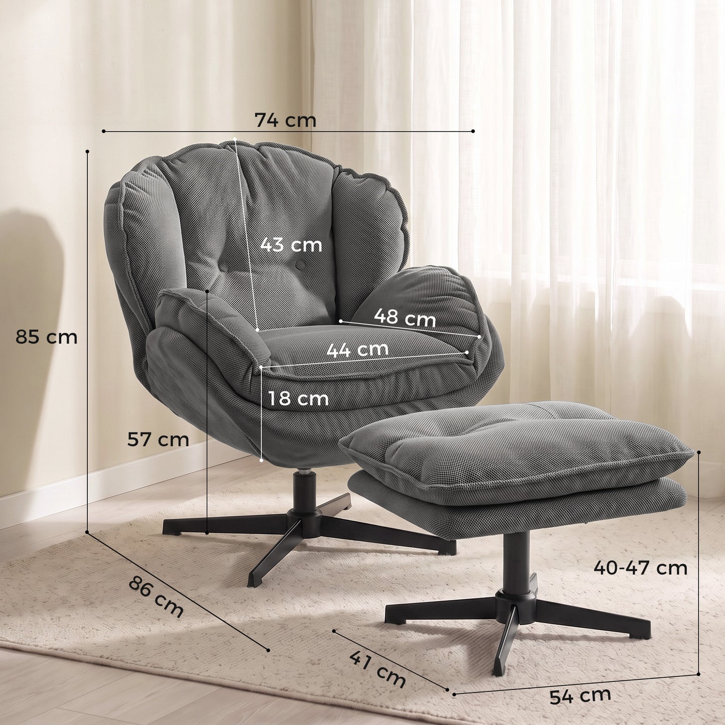 HOMCOM Armchair with Adjustable Footstool, 360Â° Swivel Chenille Cloud Accent Chair with Thick Cushion, Steel Base, Grey