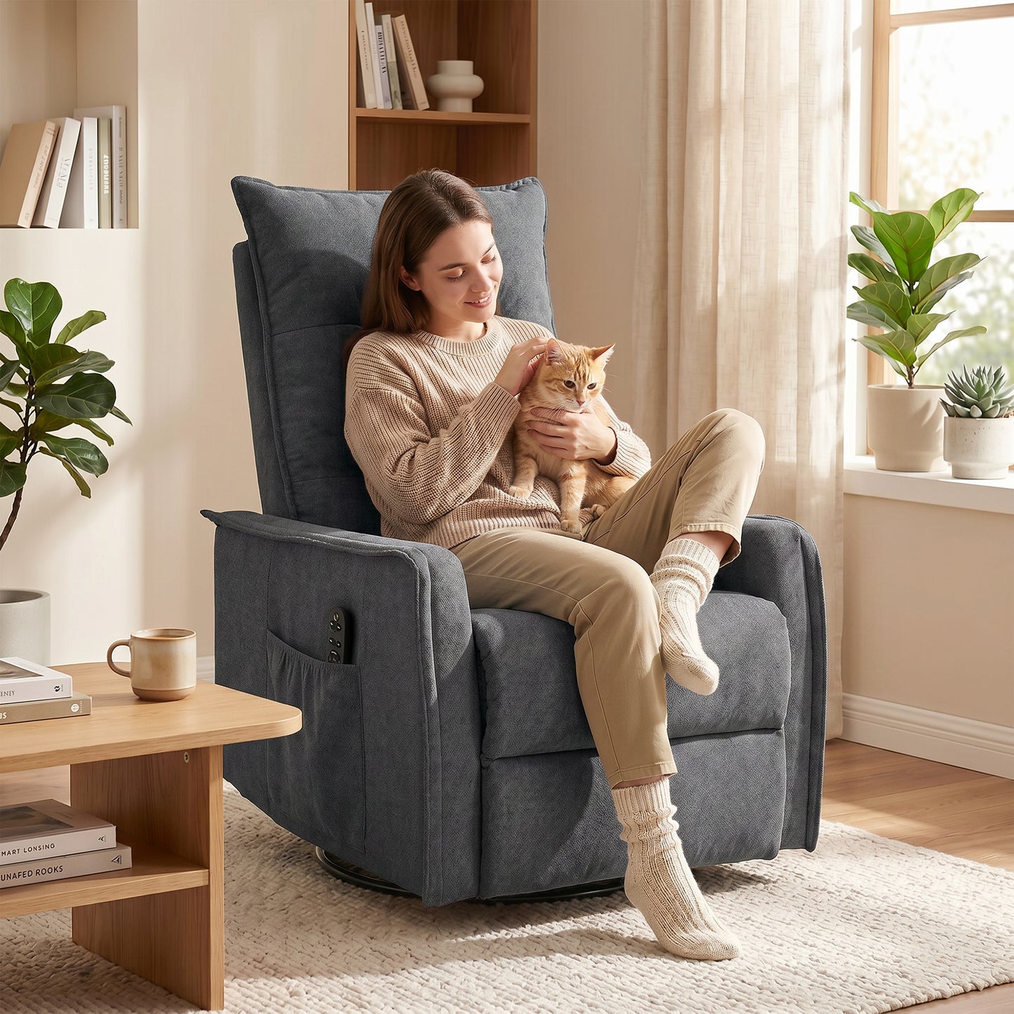 HOMCOM Recliner Armchair, Chenille Recliner Chair with Massage and Heat, 360Â° Swivel Rocking Manual Recliner, Dark Grey